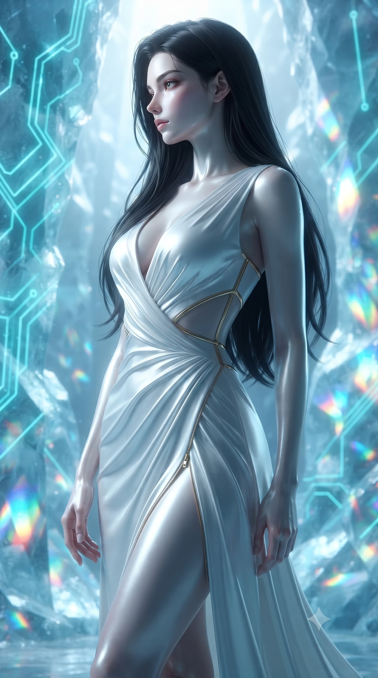 score_9, masterpiece, best quality, ultra-detailed, high-budget anime keyframe, editorial fashion photography, tasteful artistic composition, Korean woman. close-up cowboy shot from the waist and thighs up, the character dominates the composition, filling the frame with her large presence, background elements kept in soft focus. Turning her face in sharp dramatic profile against the radiant light, navigating a sub-zero crystal palace filled with glowing cyan circuit lines trapped in ice, shifting aurora colors scattering into rainbow reflections on ice facets. She has an exceptionally elegant, slender, and willowy female figure with an ultra-slim waist, a gracefully sculpted slender torso, and a refined silhouette. sharp v-shaped jawline, high-bridge nose, intricate jewel-like eyes with depth, thick eyelashes, glossy lips with a natural sheen. wearing draped white silk gown featuring graceful waist cutouts and thigh slit in pearl white, made of liquid mercury jersey, finished with metallic gold boning and sleek zipper points, sculpting her athletic slender build with refined precision. bathed in cold silver moonlight and vibrant cyan ice reflections. ultra-reflective glossy finish, specular highlights, metallic sheen, high-contrast stereoscopic depth, volumetric dynamic lighting, 2k, ultra detail, master piece, 9:16 ratio