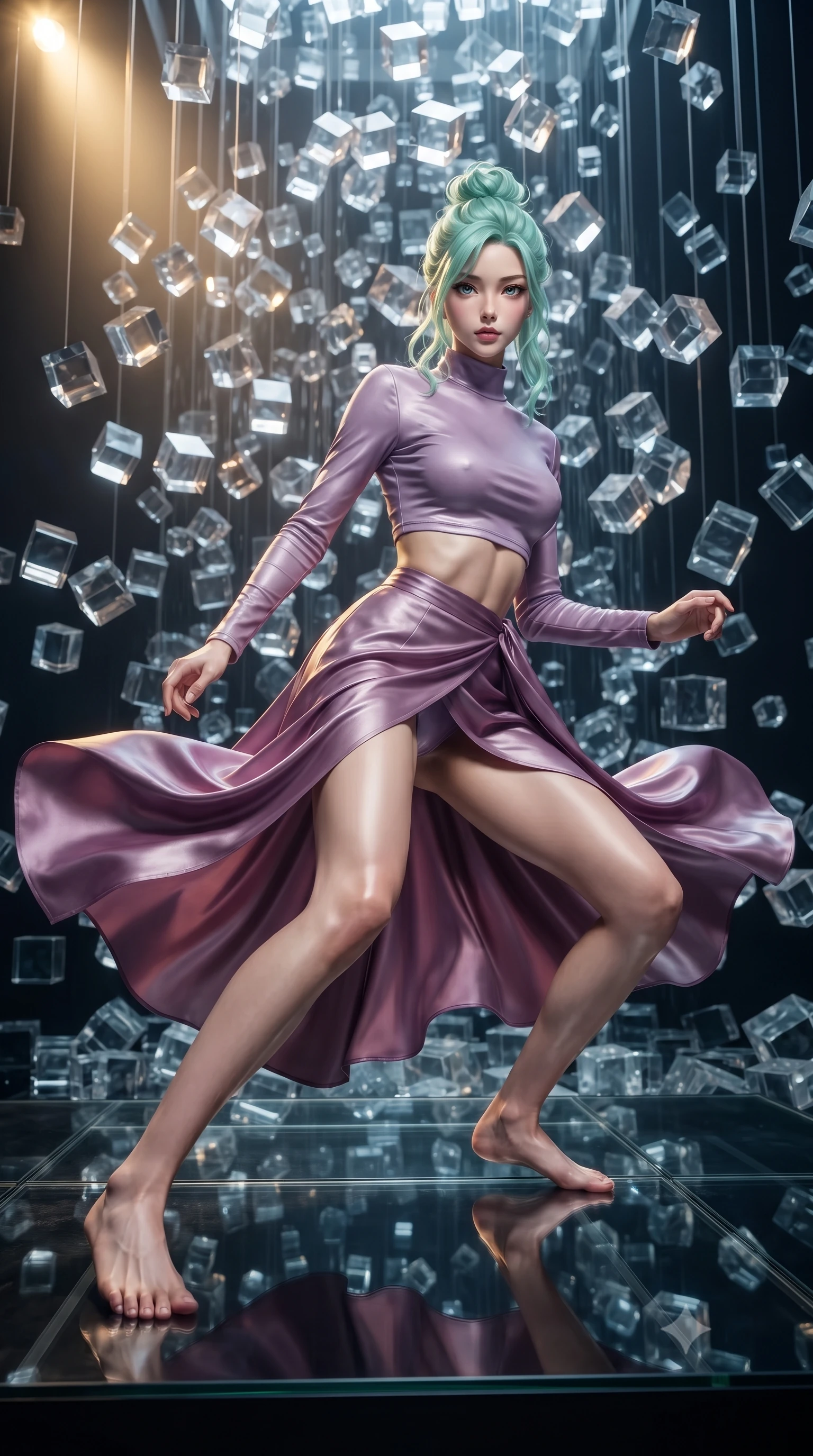 score_9, masterpiece, best quality, ultra-detailed, high-budget anime keyframe, editorial fashion photography, tasteful artistic composition, realistic cosplay photography, Japanese woman. low angle full-body shot from head to toe showing her feet, filling the entire 9:16 vertical frame with her statuesque presence, stretching her vertical silhouette. skidding across a slick reflective surface in a low combat stance through a waterfall made of falling polyhedral glass blocks, bouncing and sliding off each other in a geometric cascade. She has a statuesque 8.5-heads proportion, an exceptionally tall, slender and willowy model-like build with impossibly long legs and a highly sculpted ultra-slim waist. sharp v-shaped jawline, high-bridge nose, intricate jewel-like eyes with depth, thick eyelashes, glossy lips with a natural sheen. wearing the lightweight fabric rippling and billowing dramatically with her movement, a body-hugging high-neck crop top in lavender, paired with a matching high-waisted wrap skirt in plum with a front slit. dramatic chiaroscuro with a single golden key light sculpting her silhouette. ultra-reflective glossy finish, specular highlights, metallic sheen, high-contrast stereoscopic depth, volumetric dynamic lighting, 2k, ultra detail, master piece, 9:16 ratio