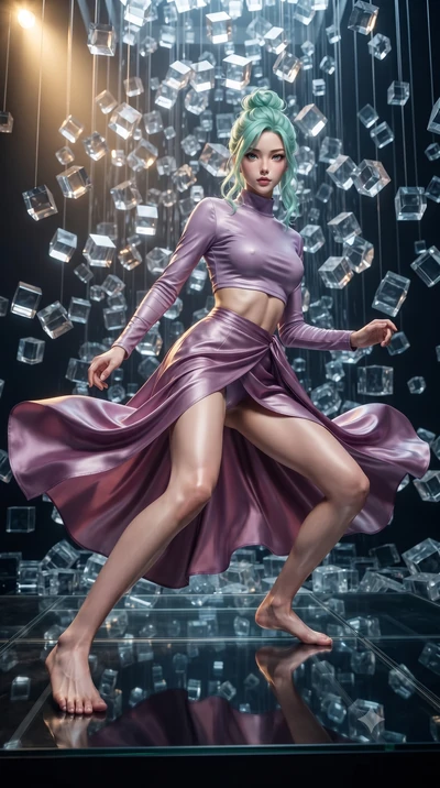 score_9, masterpiece, best quality, ultra-detailed, high-budget anime keyframe, editorial fashion photography, tasteful artistic composition, realistic cosplay photography, Japanese woman. low angle full-body shot from head to toe showing her feet, f