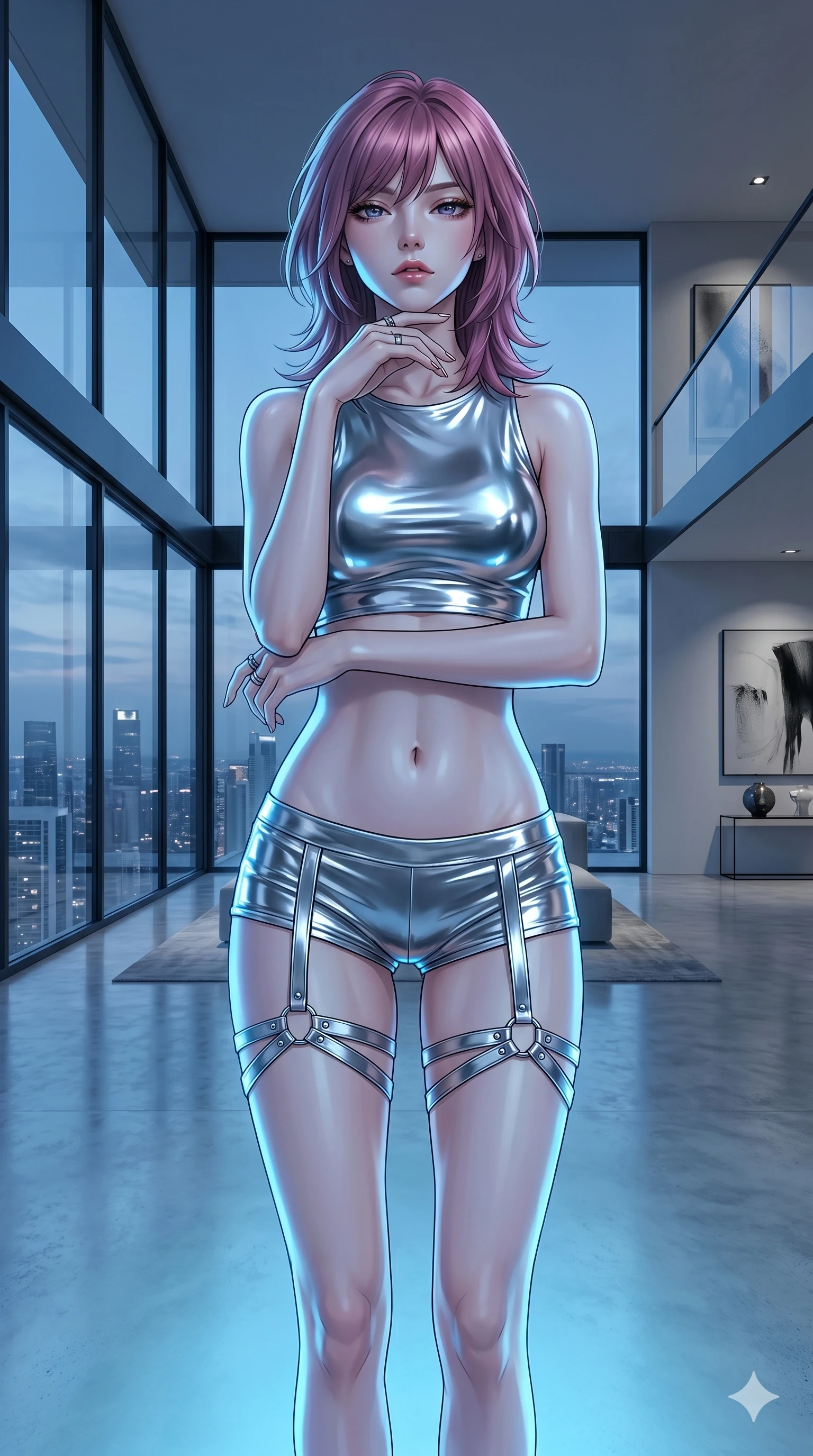 score_9, masterpiece, best quality, ultra-detailed, high-budget anime keyframe, editorial fashion photography, tasteful artistic composition, Japanese woman. cowboy shot from the thighs up, character and outfit filling the frame for maximum editorial presence. resting her chin on the back of her fingers, looking down at the camera with a haughty, expressionless face within a luxurious minimalist penthouse with floor-to-ceiling glass walls (Scenario Code H-84). She has an absolutely perfect 8-heads proportion, an exceptionally tall and slender female figure with impossibly long slender legs and an ultra-slim waist. V-shaped jawline, high-bridge nose, intricate jewel-like eyes with depth, thick eyelashes, glossy lips with a natural sheen. wearing a wet-look metallic silver crop top paired with ultra-low-rise micro-shorts and a matching thigh harness. lit by a cool blue bioluminescent glow from below, highlighting her jawline and shoulders. 2k, ultra detail, master piece, 9:16 ratio