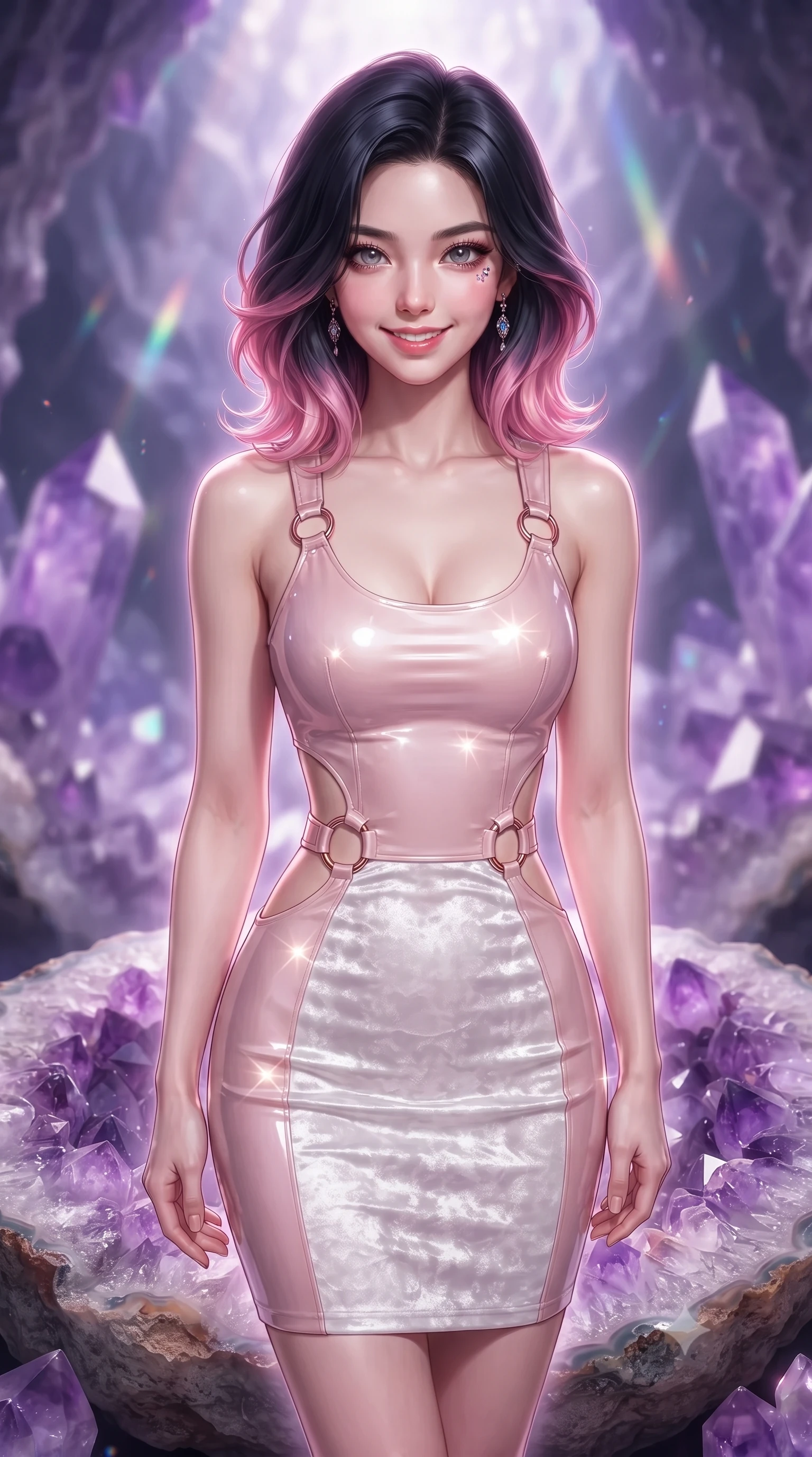 score_9, masterpiece, best quality, ultra-detailed, high-budget anime keyframe, editorial fashion photography, tasteful artistic composition, Korean woman. close-up cowboy shot from the waist and thighs up, the character dominates the composition, filling the frame with her large presence, background elements kept in soft focus. Smiling with quiet, magnetic self-assurance directly into the camera, standing on a giant amethyst geode altar surrounded by violet prism light, high-contrast texture of rough geode stone and smooth polished crystals. She has an exceptionally elegant, slender, and willowy female figure with an ultra-slim waist, a gracefully sculpted slender torso, and a refined silhouette. sharp v-shaped jawline, high-bridge nose, intricate jewel-like eyes with depth, thick eyelashes, glossy lips with a natural sheen. wearing precision-fitted bodycon dress in high-gloss liquid pearl vinyl in soft blush pink, made of crushed white silk velvet, trimmed with rose-gold ring hardware along the waist contours, accentuating her gracefully sculpted slender torso. surrounded by a glowing inner light aura with sharp specular glints. highly saturated vibrant anime colors, detailed shading with soft gradients, rich glossy textures, high-contrast stereoscopic depth, volumetric dynamic lighting, master piece, 9:16 ratio