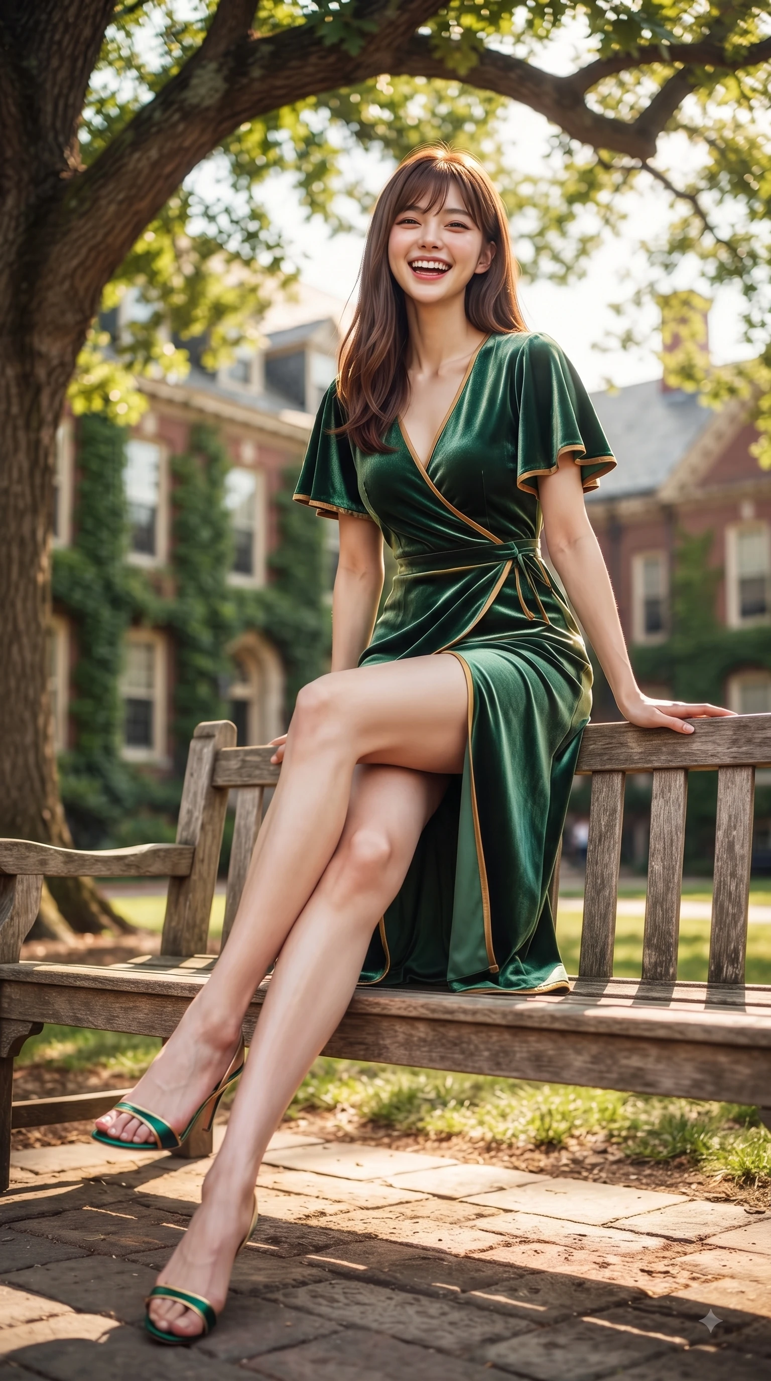 score_9, masterpiece, best quality, ultra-detailed, high-budget anime keyframe, editorial fashion photography, tasteful artistic composition, Korean woman. low angle full-body shot from head to toe showing her feet, filling the entire 9:16 vertical frame with her statuesque presence, stretching her vertical silhouette. leaping with pure youthful energy through the scene with a radiant bright smile, her long slender legs balanced gracefully while sitting gracefully on a sunlit wooden bench under a towering oak tree on campus. The composition keeps background elements in soft focus with dreamy bokeh. ivy-covered red-brick academic halls and green leaf canopies blurred into soft background bokeh. She has an absolutely perfect, statuesque 8.5-heads proportion, an exceptionally tall and slender model-like female figure with impossibly long slender legs and an ultra-slim waist. sharp v-shaped jawline, high-bridge nose, intricate jewel-like eyes with depth, thick eyelashes, glossy lips with a natural sheen, flawlessly proportioned anatomical accuracy, natural body alignment, perfectly sculpted elegant limbs, clean dynamic posture without body distortion. wearing an elegant V-neck silk wrap dress with fluttery short sleeves and a cinched waist in bright emerald green and warm gold trim, made of lustrous stretch velvet, featuring a sleek side leg slit ascending to mid-thigh, the form-contouring material highlighting her ultra-slim waist and long lines. bathed in brilliant sunny morning light filtering through tree canopies. ultra-reflective glossy finish, specular highlights, metallic sheen, high-contrast stereoscopic depth, volumetric dynamic lighting, 2k, ultra detail, master piece, 9:16 ratio