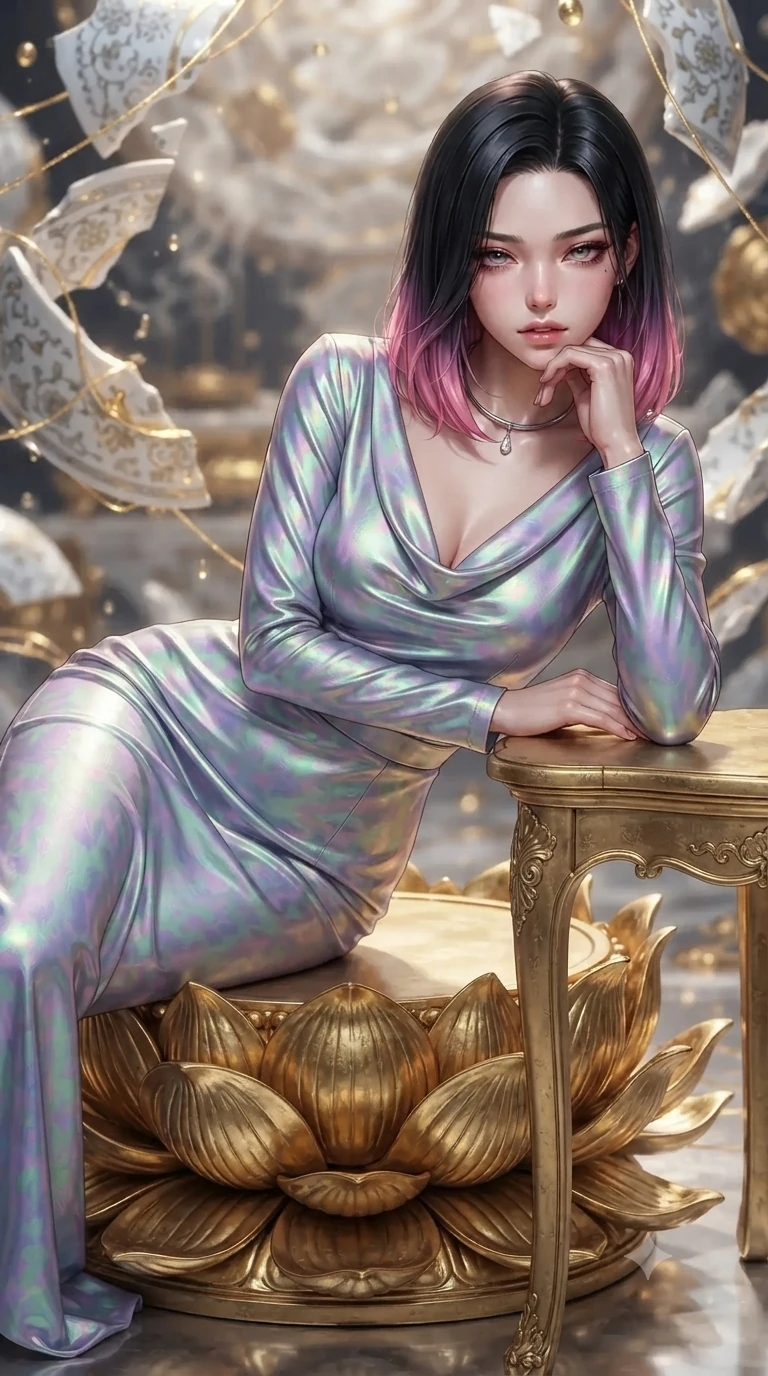 score_9, masterpiece, best quality, ultra-detailed, high-budget anime keyframe, editorial fashion photography, tasteful artistic composition, Korean woman. close-up cowboy shot from the waist and thighs up, the character dominates the composition, filling the frame with her large presence. resting one elbow on the table and supporting her chin, leaning close to the camera with heavy-lidded sparkling eyes and parted lips while lounging gracefully across the gilded lotus dais propped on one elbow with legs extended, displaying her long slender limbs and statuesque hourglass silhouette against the celestial porcelain matrix. The background shows a soft-focus floating white porcelain fragments bound by golden light threads, shimmering liquid gold ripples, and distant temple incense blurred into gold, ivory, and amber bokeh. She has an exceptionally elegant, slender, and willowy female figure with an ultra-slim waist, flat toned midriff, narrow ribcage, and sculpted feminine hips creating an alluring, slim hourglass silhouette without bulk. sharp v-shaped jawline, high-bridge nose, intricate jewel-like sparkling eyes with depth, thick eyelashes, glossy parted lips with a natural peach sheen, bright cheerful beaming smile with an enchanting and coquettish sensual glint, exuding both youthful cute charm and seductive allure, flawlessly proportioned anatomical accuracy, strict slender model proportions, natural body alignment, perfectly sculpted long slender limbs, ultra-slim waistline, clean dynamic posture without body distortion. wearing a refined long-sleeve cowl-neck satin evening gown with modest draped neckline and tailored waistline in phosphorescent ultraviolet amethyst and mint green, crafted from bespoke double-faced cashmere with an exceptionally soft tactile finish, finished with a minimalist chrome choker and a single teardrop diamond pendant, the bespoke structured tailoring following the natural line of her 8.5-heads silhouette with refined elegance. illuminated by mirrored altar floor reflection bounce and sharp gold-leaf rim lights sculpting her razor-sharp jawline, narrow waist, and curvy hips. ultra-reflective glossy finish, specular highlights, rich textural contrasts, high-contrast stereoscopic depth, volumetric dynamic lighting, 2k, ultra detail, master piece, 9:16 ratio