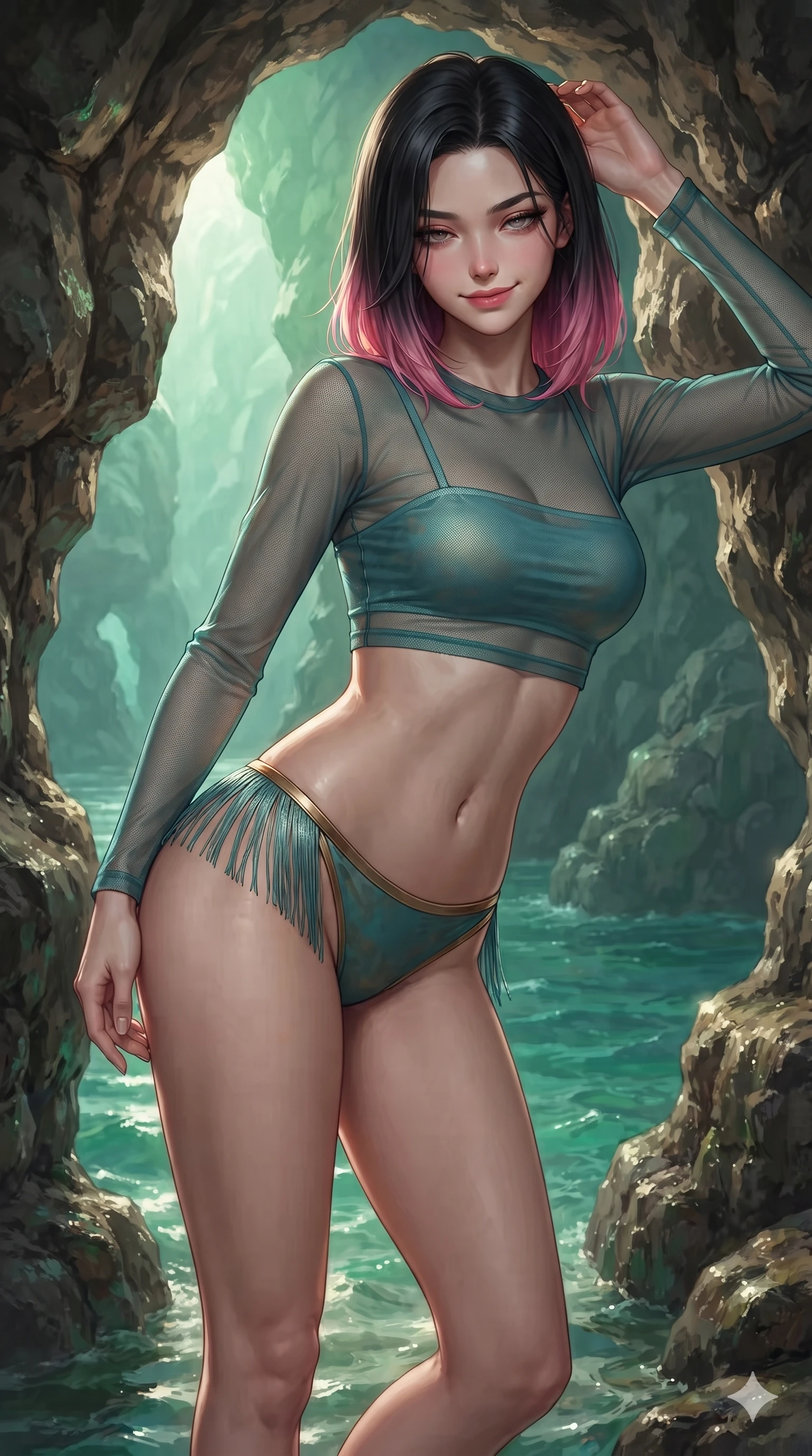 score_9, masterpiece, best quality, ultra-detailed, high-budget anime keyframe, editorial fashion photography, tasteful artistic composition, Korean woman. close-up cowboy shot from the waist and thighs up, the character dominates the composition, filling the frame with her large presence. tilting her head with a teasing half-smile, running one hand slowly down the side of her hip in a flirtatious S-curve as ambient light caresses her silhouette while leaning against the sculpted stone portal with hips cocked back, looking through the sea cave opening with heavy-lidded seductive bedroom-eyes. The surrounding environment is rendered in vivid detail and crisp panoramic clarity: detailed liquid metallic lamé one-piece tailoring, hip-high side cutouts, and sea cavern geology in razor-sharp precision. She has an exceptionally elegant, slender, and willowy female figure with an ultra-slim waist, flat toned midriff, narrow ribcage, and sculpted feminine hips creating an alluring, slim hourglass silhouette without bulk. sharp v-shaped jawline, high-bridge nose, sparkling eyes with hypnotic seductive depth, thick curled eyelashes, glossy parted lips with a natural dewy peach sheen, alluring bedroom-eyes with an enchanting coquettish smile, exuding magnetic siren charisma and sophisticated glamour, flawlessly proportioned anatomical accuracy, strict slender model proportions, natural body alignment, perfectly sculpted long slender limbs, ultra-slim waistline, clean dynamic posture without body distortion. wearing a sheer gossamer mesh long-sleeve rashguard crop top layered over an opaque strappy bandeau and low-waisted briefs in turquoise patina and burnished vintage brass, woven from fine semi-opaque stretch illusion mesh tracing every contour of her figure, finished with a delicate silk fringe trim fluttering along her hip line with kinetic charm, the glove-like clinging cut tightly following the natural contour of her hips and long slender legs with youthful 8.5-heads elegance. illuminated by jade water bounce and sharp golden-emerald rim lights defining her razor-sharp jawline, narrow waist, and curvy hips. ultra-reflective glossy finish, specular highlights, rich textural contrasts, high-contrast stereoscopic depth, volumetric dynamic lighting, 2k, ultra detail, master piece, 9:16 ratio