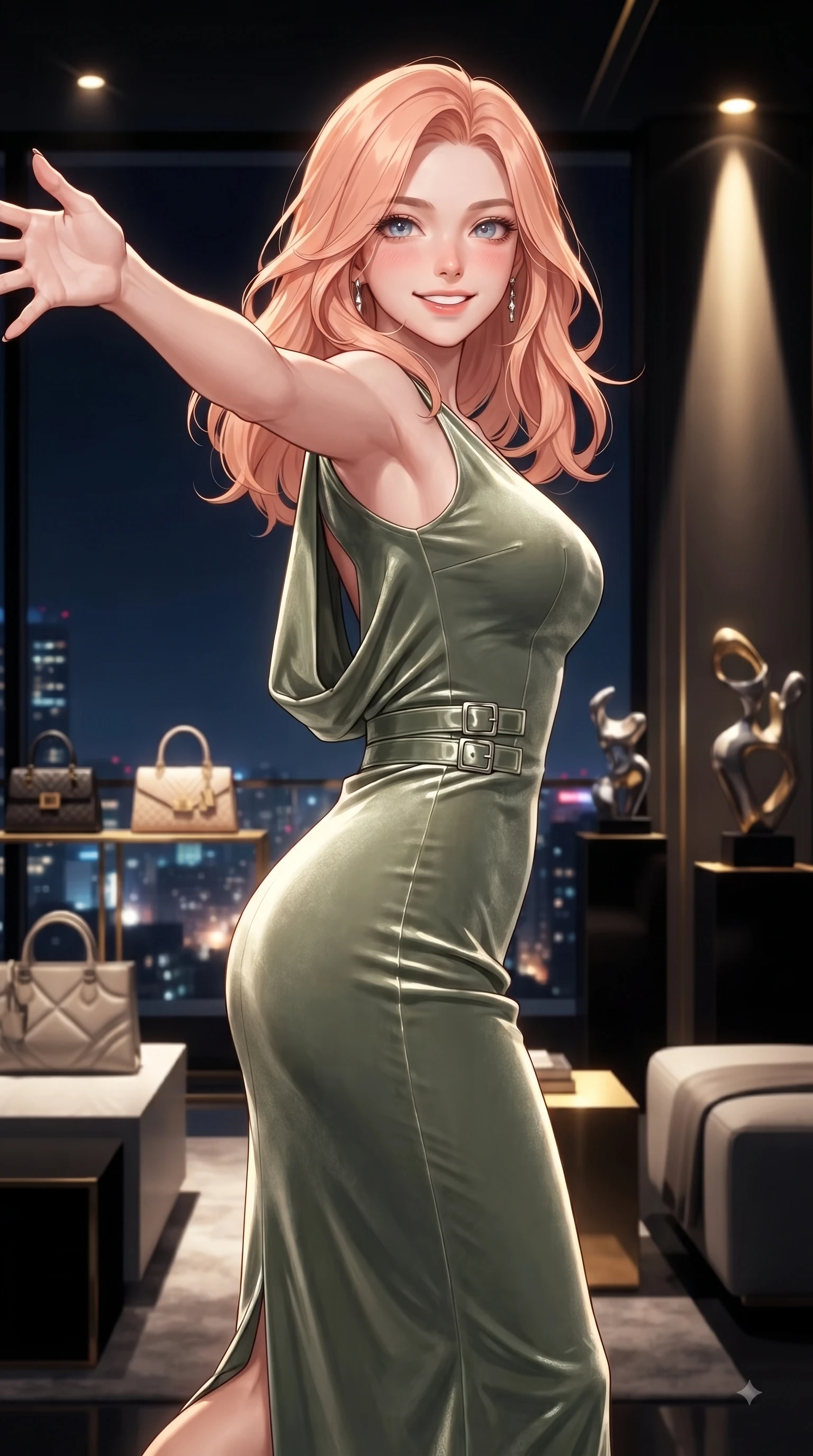 score_9, masterpiece, best quality, ultra-detailed, high-budget anime keyframe, editorial fashion photography, tasteful artistic composition, Japanese woman. close-up cowboy shot from the waist and thighs up, the character dominates the composition, filling the frame with her large presence, background elements kept in soft focus. Fresh enchanting smile, her eyes twinkling like jewels in the bright sunlight as one arm reaches out cheerfully while pivoting dynamically on a open-air Itaewon rooftop lounge as city night lights twinkle below, designer handbag displays and modern art sculptures framing the opulent interior. She has an exceptionally elegant, slender, and willowy female figure with an ultra-slim waist, a gracefully sculpted slender torso, and a refined silhouette. sharp v-shaped jawline, high-bridge nose, intricate jewel-like eyes with depth, thick eyelashes, glossy lips with a natural sheen, flawlessly proportioned anatomical accuracy, natural body alignment, perfectly sculpted elegant limbs, clean dynamic posture without body distortion. wearing a precision-fitted liquid jersey bodycon dress with a graceful draped back in sage green and oatmeal, made of premium stretch velvet with a rich sheen, detailed with polished silver buckles along the waistline, the form-contouring material highlighting her ultra-slim waist and long lines. bathed in dramatic high-contrast urban night lights and sleek golden spotlights. ultra-reflective glossy finish, specular highlights, metallic sheen, high-contrast stereoscopic depth, volumetric dynamic lighting, 2k, ultra detail, master piece, 9:16 ratio