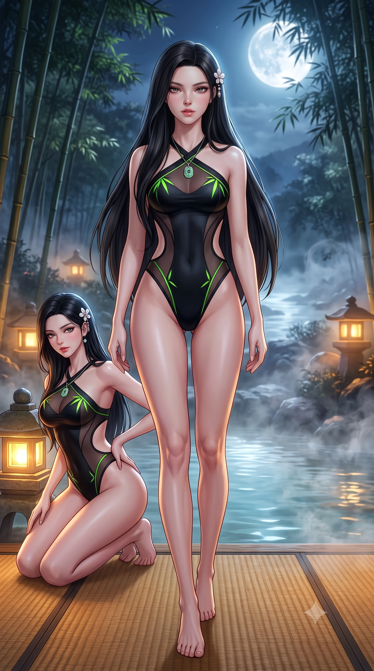 score_9, masterpiece, best quality, ultra-detailed, high-budget anime keyframe, semi-realistic 3D game render, editorial fashion photography, tasteful artistic composition, Korean woman. low angle full-body shot from head to toe showing her feet, filling the entire 9:16 vertical frame with her statuesque presence, stretching her vertical silhouette. striding forward in a proud supermodel runway stride, hips swaying in an alluring kinetic rhythm that accentuates her curvy hourglass silhouette while kneeling gracefully on the warm tatami deck beside a glowing stone lantern, one hand resting on her bare hip as cool river mist curls around her. The surrounding environment is rendered in vivid detail and crisp panoramic clarity. atmospheric nocturnal Japanese chiaroscuro and serene hot-spring retreat luxury rendered with precision. She has an absolutely perfect, statuesque 8.5-heads proportion, an exceptionally tall and slender model-like female figure with impossibly long slender legs, a toned flat midriff, an ultra-slim waist, and beautifully sculpted feminine hips. sharp v-shaped jawline, high-bridge nose, intricate jewel-like eyes with depth, thick eyelashes, glossy parted lips with a natural sheen, intensely captivating and seductive bedroom-eyes expression, flawlessly proportioned anatomical accuracy, strict slender model proportions, natural body alignment, perfectly sculpted long slender limbs, ultra-slim waistline, clean dynamic posture without body distortion. wearing a second-skin thermal onsen monokini with high-cut hip openings and crossed back straps in pitch black silk with neon bamboo leaf accents, made of sheer contouring power-mesh panels with anatomical curve lines, accented with mother-of-pearl hair ornaments and a carved jade pendant, the precision-cut side openings and low-back scoop framing her graceful spine and the sensual sweep of her hips. bathed in cool silver full-moon light streaming through the bamboo canopy and warm amber lantern downlights. highly saturated vibrant anime colors, detailed shading with soft gradients, rich glossy textures, high-contrast stereoscopic depth, volumetric dynamic lighting, master piece, 9:16 ratio