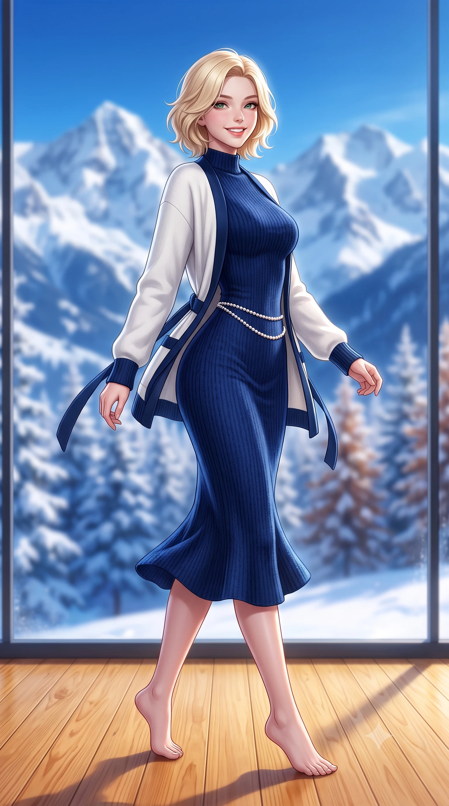 score_9, masterpiece, best quality, ultra-detailed, high-budget anime keyframe, semi-realistic 3D game render, editorial fashion photography, tasteful artistic composition, Caucasian woman. low angle full-body shot from head to toe showing her feet, filling the entire 9:16 vertical frame with her statuesque presence, stretching her vertical silhouette. executing an elegant pivot turn as the hem of her form-fitting knit sways rhythmically, glancing back with joyful radiance and seductive allure while walking across the honey-toned pine floor toward the panoramic window, her chunky cable-knit sweater accentuating her slender waistline. The background shows a soft-focus towering jagged snow-covered Swiss Alps, deep blue alpine sky, and frosted fir forests outside blurred into cobalt, stark white, and cedar bokeh. She has an exceptionally tall and slender model-like 8.5-heads proportion, an ultra-slim waist, a flat toned midriff, narrow delicate ribcage, and beautifully sculpted feminine hips creating a graceful, slim hourglass silhouette without any bulky heaviness, with impossibly long slender legs. sharp v-shaped jawline, high-bridge nose, intricate jewel-like sparkling eyes with depth, thick eyelashes, glossy parted lips with a natural peach sheen, bright cheerful beaming smile with an enchanting and coquettish sensual glint, exuding both youthful cute charm and seductive allure, flawlessly proportioned anatomical accuracy, strict slender model proportions, natural body alignment, perfectly sculpted long slender limbs, ultra-slim waistline, clean dynamic posture without body distortion. wearing a form-fitting plush chenille knit bodycon dress hugging her torso and hips, layered with a belted open wool cardigan in French navy blue and crisp alabaster white, crafted from liquid-tight stretch cashmere knit clinging flawlessly to every curve with silky softness, accented with a dainty pearl waist chain catching the ambient sunlight across her sculpted waistline, the liquid-tight tailored fabric clinging flawlessly to her narrow waist and rounded feminine hips, emphasizing every millimeter of her sculpted slim hourglass curves without any bulky heaviness. illuminated by brilliant snow reflection fill and sharp ice-crystal rim lights defining her razor-sharp jawline and tall slender frame. highly saturated vibrant anime colors, detailed shading with soft gradients, rich glossy textures, high-contrast stereoscopic depth, volumetric dynamic lighting, master piece, 9:16 ratio