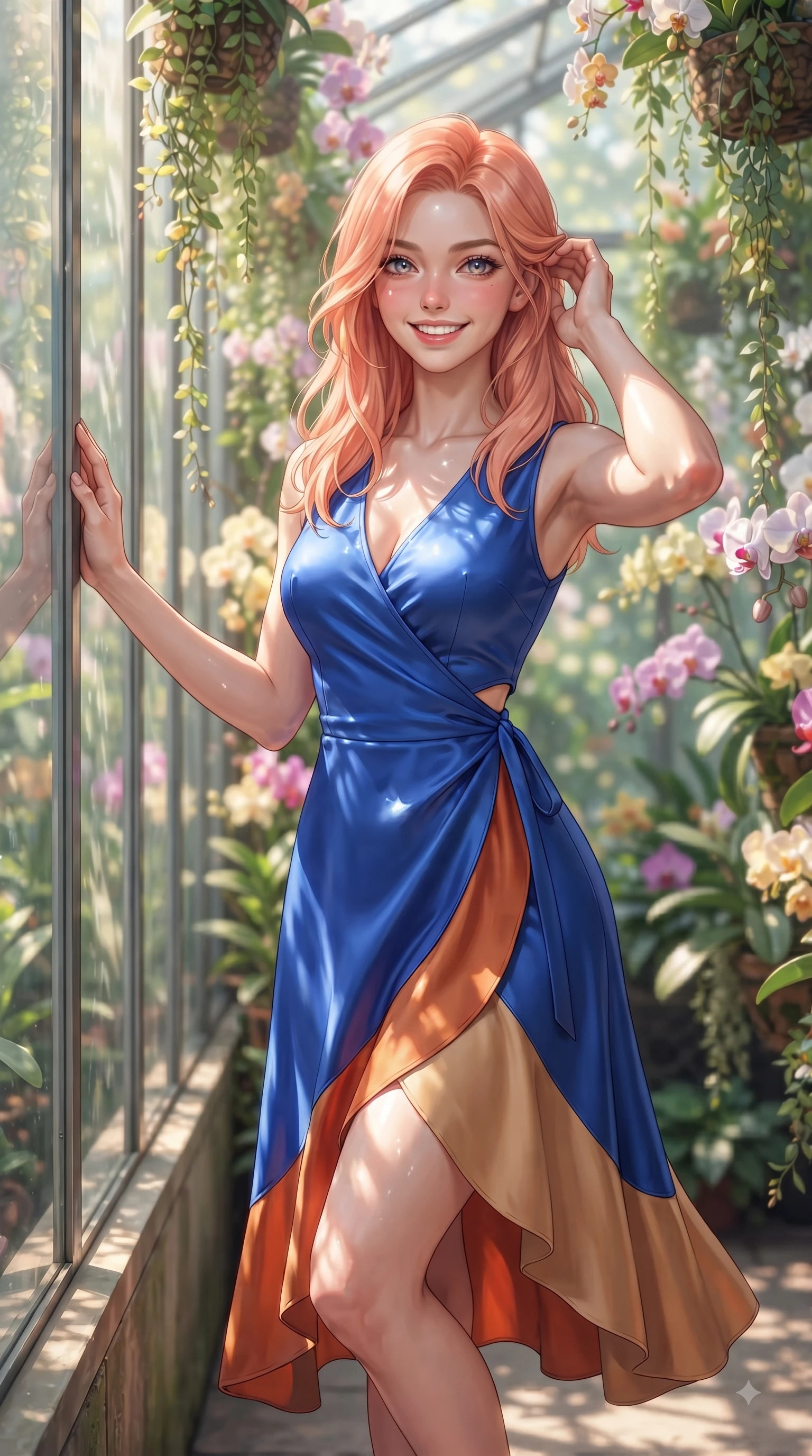 score_9, masterpiece, best quality, ultra-detailed, high-budget anime keyframe, editorial fashion photography, tasteful artistic composition, Japanese woman. close-up cowboy shot from the waist and thighs up, the character dominates the composition, filling the frame with her large presence. Youthful cheerful smile exuding cute playful charm and radiant sparkle in her eyes while leaning against a sunlit glass wall surrounded by exotic orchids and cascading vines. The composition keeps background elements in soft focus with dreamy bokeh. cascading botanical vines creating a soft, organic blurred background depth. She has an exceptionally elegant, slender, and willowy female figure with an ultra-slim waist, a gracefully sculpted slender torso, and a refined silhouette. sharp v-shaped jawline, high-bridge nose, intricate jewel-like eyes with depth, thick eyelashes, glossy lips with a natural sheen, flawlessly proportioned anatomical accuracy, natural body alignment, perfectly sculpted elegant limbs, clean dynamic posture without body distortion. wearing an electric cobalt blue silk wrap dress with a graceful flowing hem in burnt orange and warm camel beige, crafted from soft breathable Italian linen, complemented by clean architectural seams and subtle cutouts, the sleek second-skin fit accentuating her magnetic presence. surrounded by a lush, vibrant, and enchanting garden editorial ambiance. ultra-reflective glossy finish, specular highlights, metallic sheen, high-contrast stereoscopic depth, volumetric dynamic lighting, 2k, ultra detail, master piece, 9:16 ratio