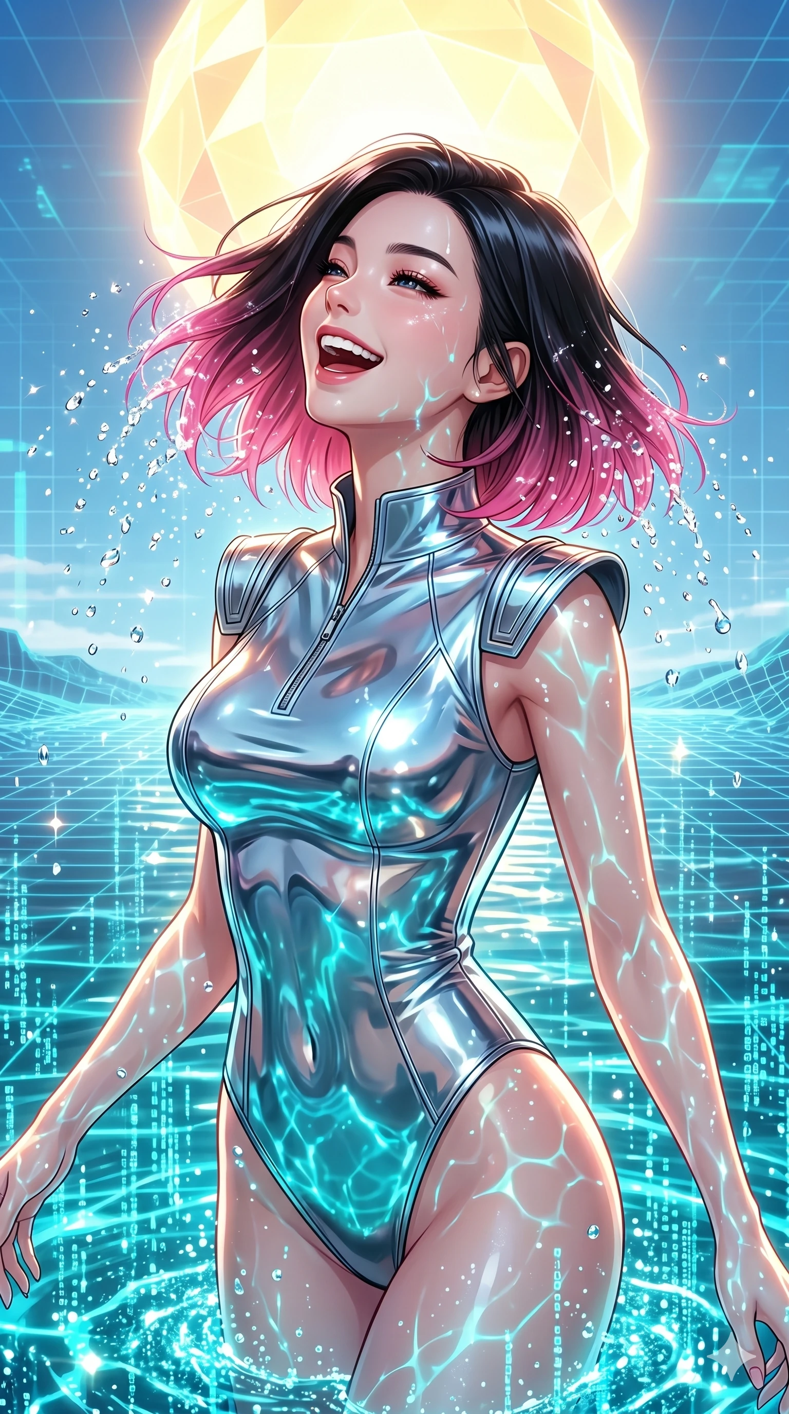 score_9, masterpiece, best quality, ultra-detailed, high-budget anime keyframe, Korean woman. Upper body close-up from the thighs up, character filling the screen for maximum presence. She is emerging from a virtual holographic ocean under a giant artificial sun. She tilts her head, shaking water droplets from her hair with a free-spirited, joyful laugh. She has an absolutely perfect 8-heads proportion, a tall and elegant figure with a refined silhouette and a defined waistline. V-shaped jawline, high-bridge nose, intricate jewel-like eyes with depth, thick eyelashes, glossy lips with a natural sheen. She is wearing a sleek tailored top in liquid-chrome finish that complements her silhouette, styled with sophisticated architectural shoulder accents and a modern zip collar. The scene is drenched in bright midday beach sun and sparkling caustic reflections from the neon turquoise water. 2k, ultra detail, master piece, 9:16 ratio