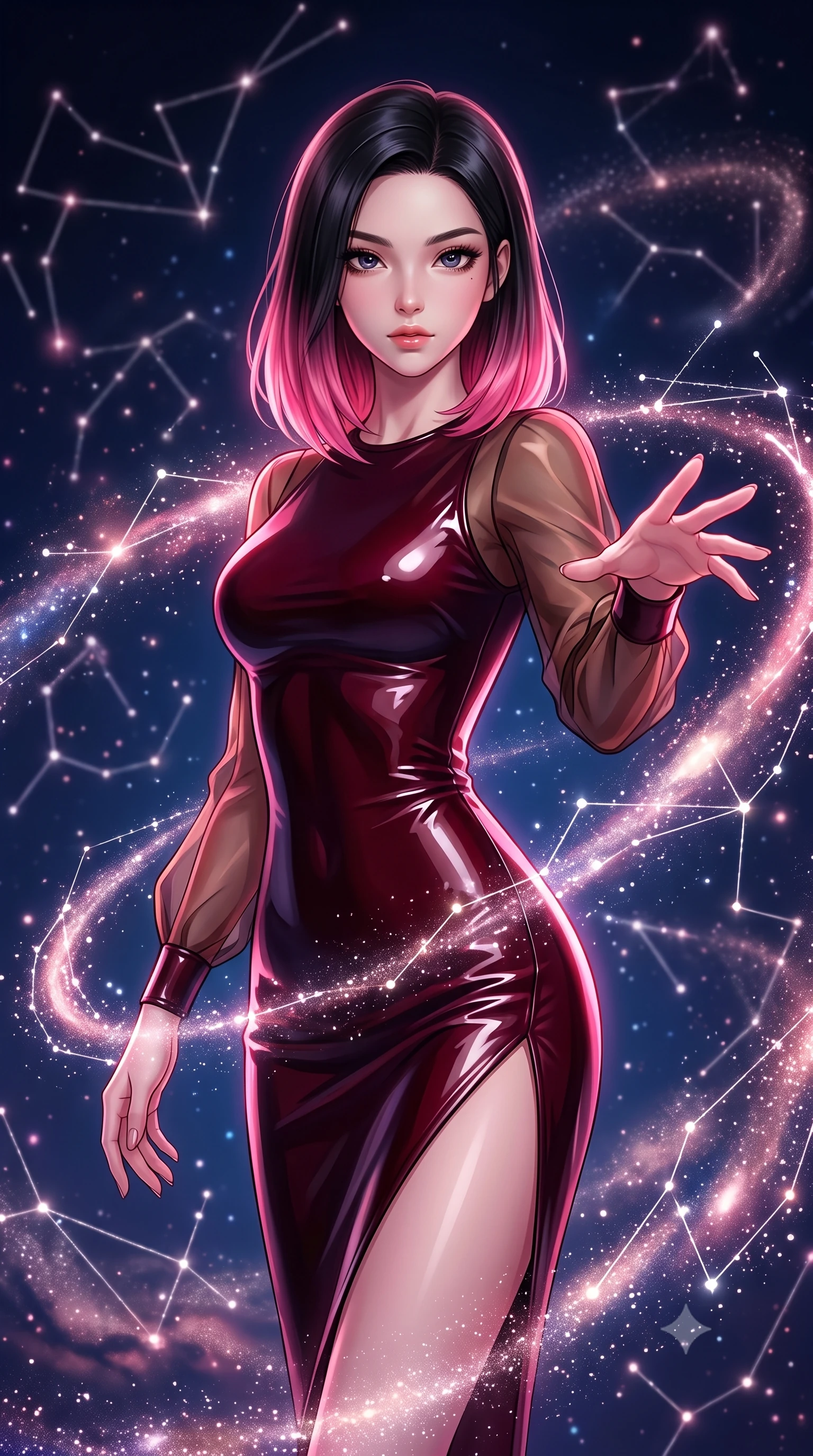 score_9, masterpiece, best quality, ultra-detailed, high-budget anime keyframe, editorial fashion photography, tasteful artistic composition, Korean woman. close-up cowboy shot from the waist and thighs up, the character dominates the composition, filling the frame with her large presence, background elements kept in soft focus. Reaching one hand gracefully toward the viewer with effortless superiority and allure navigating a constellation map woven from starlight threads, swirling galaxy dust creating luminous arcs in the air. She has an exceptionally elegant, slender, and willowy female figure with an ultra-slim waist, a gracefully sculpted slender torso, and a refined silhouette. sharp v-shaped jawline, high-bridge nose, intricate jewel-like eyes with depth, thick eyelashes, glossy lips with a natural sheen. wearing a sleek bodycon knit dress with sheer organza sleeve panels in deep burgundy and bronze, tailored from high-gloss patent leather, finished with a sleek side slit ascending to mid-thigh, the sleek second-skin texture accentuating her magnetic presence. bathed in radiant cosmic pink and deep navy blue ambient light. highly saturated vibrant anime colors, detailed shading with soft gradients, rich glossy textures, high-contrast stereoscopic depth, volumetric dynamic lighting, master piece, 9:16 ratio