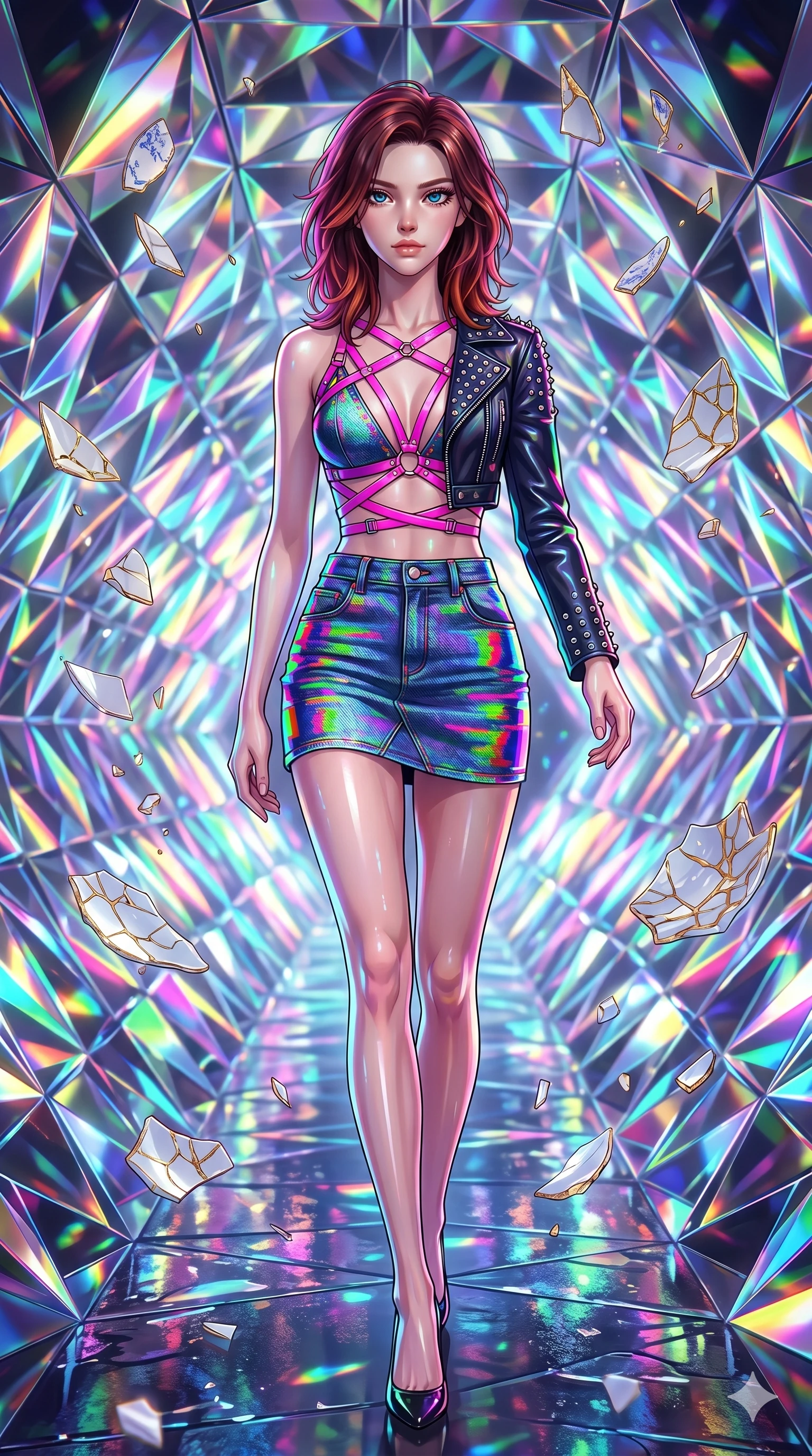 score_9, masterpiece, best quality, ultra-detailed, high-budget anime keyframe, editorial fashion photography, tasteful artistic composition, Korean woman. upper body close-up from the thighs up, character filling the screen for maximum presence. stepping gracefully onto through a kaleidoscope tunnel made of shifting diamond prisms as shards of porcelain and gold kintsugi float in suspension. She has an absolutely perfect 8-heads proportion, an exceptionally tall and slender female figure with impossibly long slender legs and an ultra-slim waist. V-shaped jawline, high-bridge nose, intricate jewel-like eyes with depth, thick eyelashes, glossy lips with a natural sheen.. wearing a glitch denim and studded leather outfit, featuring an RGB glitch pattern denim structured mini-skirt, a single-sleeve cropped leather jacket, and neon pink harness straps. illuminated by the brilliant neon reflections bouncing off wet surfaces, emphasizing her skin tone. 2k, ultra detail, master piece, 9:16 ratio