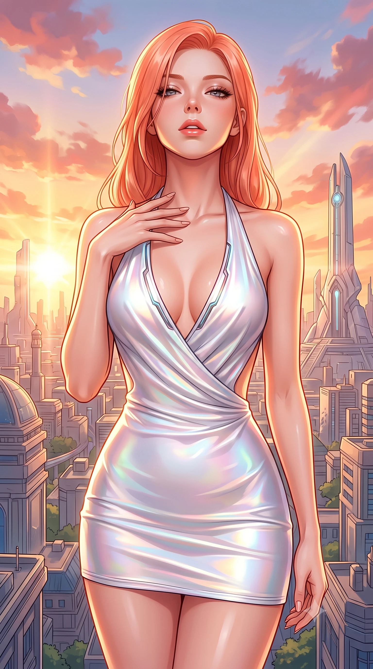 score_9, masterpiece, best quality, ultra-detailed, high-budget anime keyframe, semi-realistic 3D game render, editorial fashion photography, tasteful artistic composition, Japanese woman. close-up cowboy shot from the waist and thighs up, the character dominates the composition, filling the frame with her large presence. tilting her head back with a sensual alluring expression, exposing her throat and shoulders to the camera with heavy lashes and softly parted glossy lips while resting one hand near her collarbone with a radiant, sovereign smile gazing directly into the lens at sunrise. The surrounding environment is rendered in vivid detail and crisp panoramic clarity. vivid high-contrast morning solar illumination and celestial monument design in panoramic sharpness. She has an exceptionally elegant, slender, and willowy female figure with an ultra-slim waist, a gracefully sculpted slender torso, toned flat midriff, and a refined slim silhouette. sharp v-shaped jawline, high-bridge nose, intricate jewel-like eyes with depth, thick eyelashes, glossy lips with a natural sheen, flawlessly proportioned anatomical accuracy, strict slender model proportions, natural body alignment, perfectly sculpted long slender limbs, ultra-slim waistline, clean dynamic posture without body distortion. wearing a form-contouring liquid satin halter-neck mini dress with a deep crossover cowl front, open back, and ultra-slender waist drape in glistening liquid pearl white with rainbow opalescence, made of liquid metal jersey that clings flawlessly to every contour of her build, featuring a dangerously unzipped neckline framed by glowing cybernetic accents, the sleek second-skin cut tightly hugging her graceful clavicle, narrow waist, and feminine curves with athletic precision. bathed in blazing golden dawn sunbursts and warm peach-crimson cloud reflections. highly saturated vibrant anime colors, detailed shading with soft gradients, rich glossy textures, high-contrast stereoscopic depth, volumetric dynamic lighting, master piece, 9:16 ratio