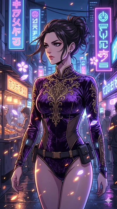 score_9, masterpiece, best quality, ultra-detailed, Set A: High-budget Anime Keyframe, Caucasian (strictly human ears) woman. Upper body close-up from the thighs up, character filling the screen for maximum presence. Walking gracefully through a futu
