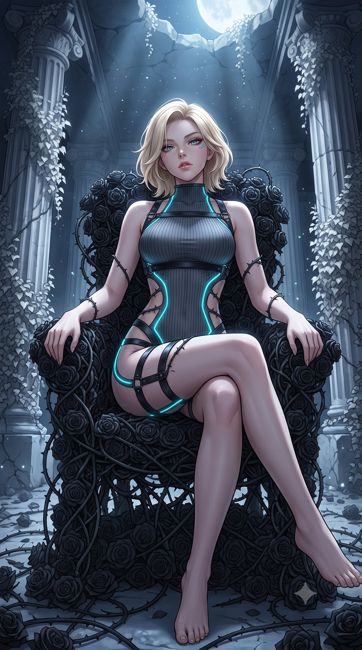 score_9, masterpiece, best quality, ultra-detailed, High-budget Anime Keyframe, Caucasian woman, strictly human ears. Low angle cowboy shot filling the entire 9:16 frame with her statuesque presence. Scenario 325: resting on a throne of black roses, thorns grazing her skin, in a moonlit ancient temple with collapsing marble pillars and white ivy. Her presence is magnetic and overpowering in this high-budget anime scene. Outfit 325: a form-contouring ribbed bodycon knit garter with a strategic side cut-outs and glowing LED seams. The clothing is designed to emphasize her exceptionally tall and slender 8-heads proportion. 8-heads proportion, towering silhouette, ultra-slim waist. sharp v-shaped jawline, intricate jewel-like eyes with depth, thick eyelashes, glossy lips. 2k, ultra detail, master piece, 9:16 ratio