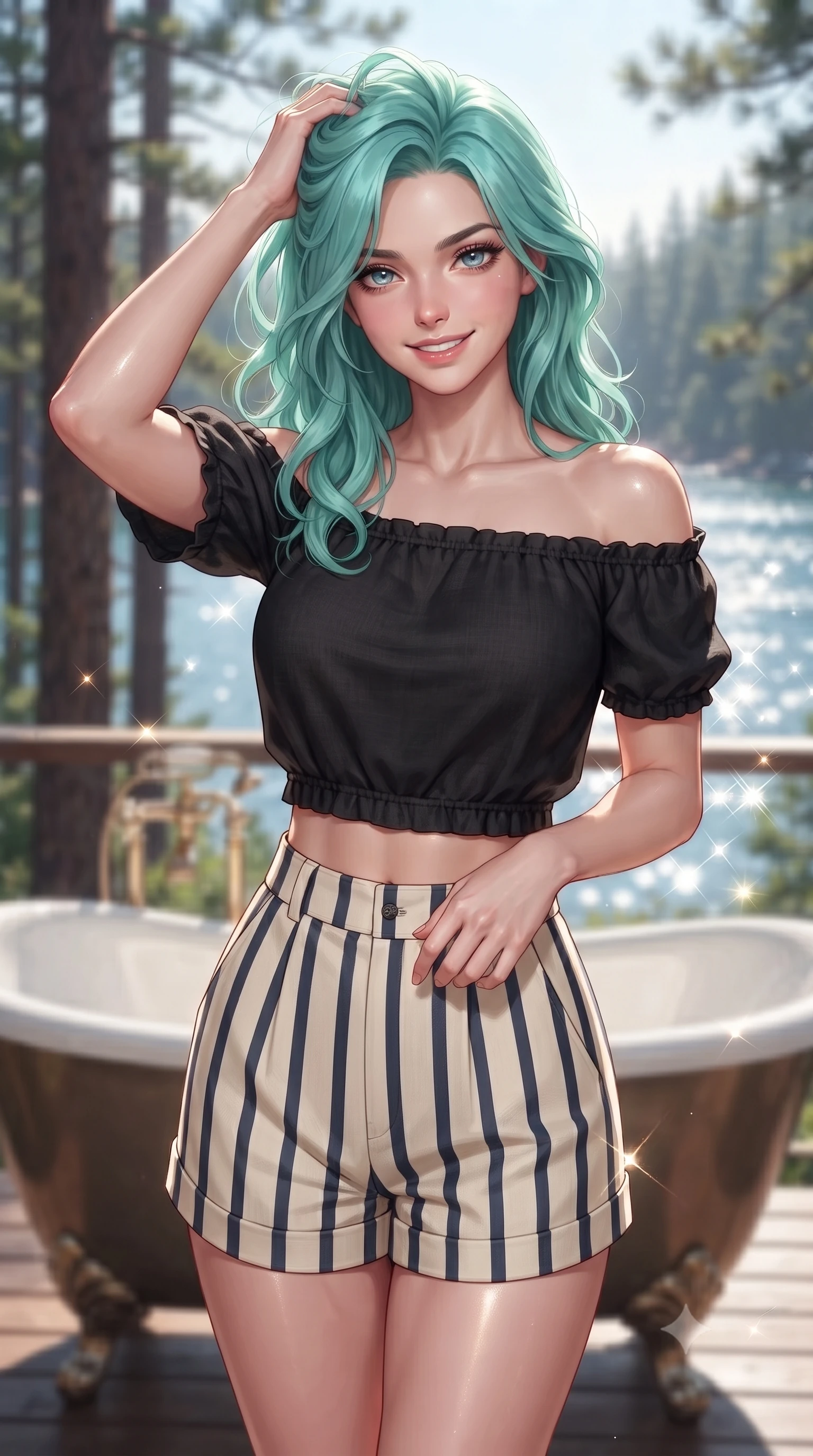 score_9, masterpiece, best quality, ultra-detailed, high-budget anime keyframe, editorial fashion photography, tasteful artistic composition, Japanese woman. close-up cowboy shot from the waist and thighs up, the character dominates the composition, filling the frame with her large presence, background elements kept in soft focus. smiling with quiet, magnetic self-assurance directly into the camera, running a hand through her hair the background shows a soft-focus a luxury bath tub on a private deck overlooking a quiet bay in a pine forest. She has an exceptionally elegant, slender, and willowy female figure with an ultra-slim waist, a gracefully sculpted slender torso, and a refined silhouette. sharp v-shaped jawline, high-bridge nose, intricate jewel-like eyes with depth, thick eyelashes, glossy lips with a natural sheen. wearing a slim-fit chic off-shoulder crop top in black linen, paired with high-waisted striped resort shorts. bright morning sun rays creating sparkling glints on the water and her form. ultra-reflective glossy finish, specular highlights, metallic sheen, high-contrast stereoscopic depth, volumetric dynamic lighting, 2k, ultra detail, master piece, 9:16 ratio