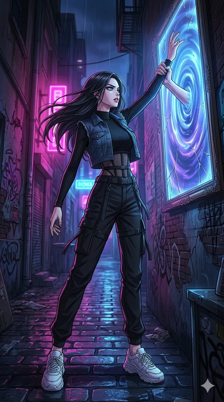 score_9, masterpiece, best quality, ultra-detailed, high-budget anime movie keyframe, cinematic anime lighting, intricate line art, Caucasian (strictly human ears) anime girl. Dynamic full-body shot stretching the vertical silhouette with extreme perspective. reaching for a hand in a mirror that is trying to pull her in. She has an absolutely perfect 8-heads proportion, an exceptionally tall and slender female figure with an ultra-slim waist and impossibly long slender legs. strictly human anatomy, two legs only, no extra limbs, clearly defined legs and arms, perfect anatomy, perfect hands and fingers. sharp v-shaped jawline, high-bridge nose, intricate jewel-like eyes, thick eyelashes, glossy lips. Wearing Urban Trendsetter: Ribbed bodycon dress, crop top with high-waist denim, and sheer corset with cargo pants. The scene is illuminated by dramatic atmospheric lighting and vibrant color palettes. , 2k, ultra detail, master piece, 9:16 ratio