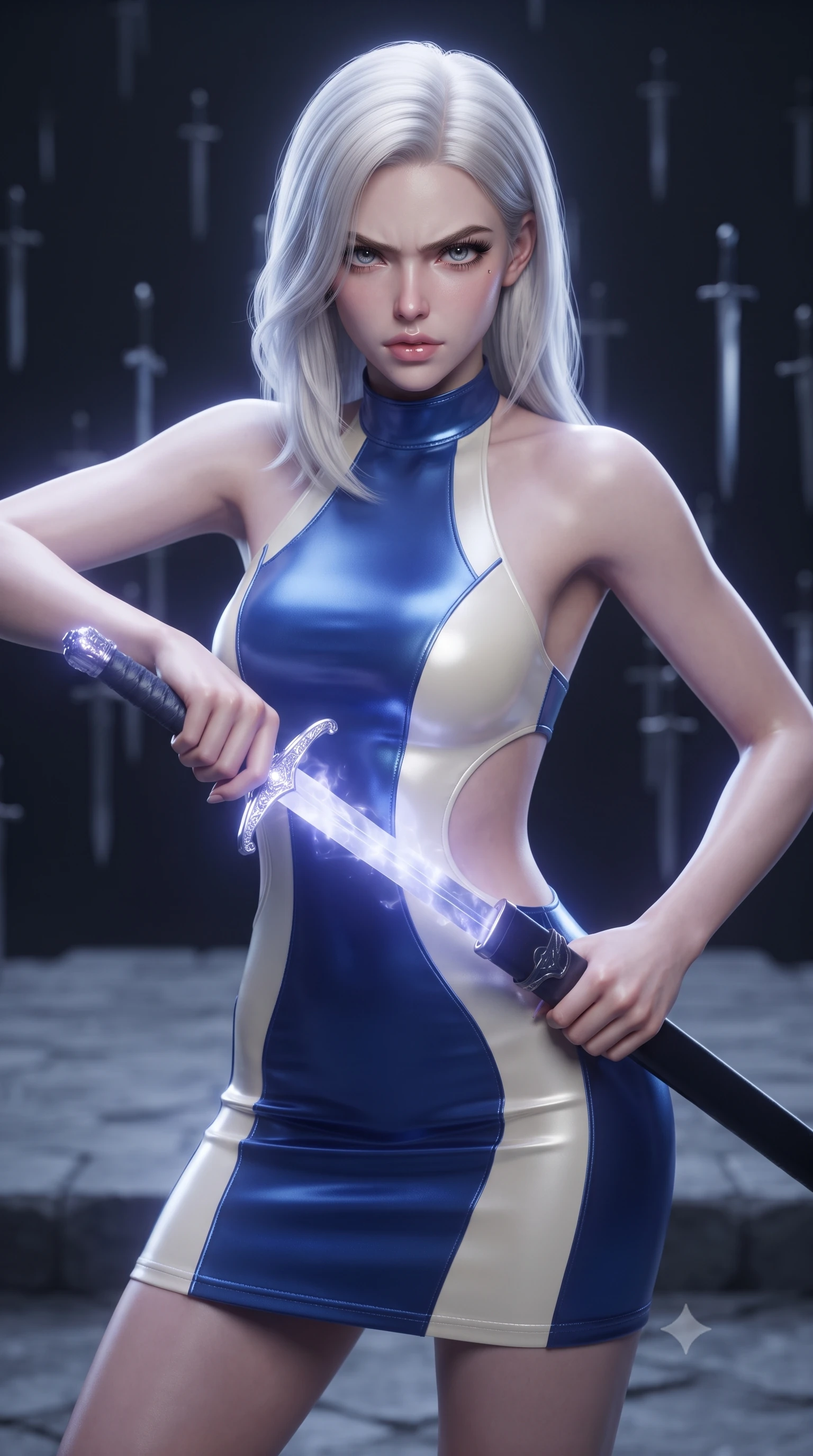 score_9, masterpiece, best quality, ultra-detailed, high-budget anime keyframe, editorial fashion photography, tasteful artistic composition, realistic cosplay photography, Caucasian woman, strictly human ears. close-up cowboy shot from the waist and thighs up, the character dominates the composition, filling the frame with her large presence, background elements kept in soft focus. Drawing a glowing sword with fierce determination and a sharp sidelong glare. set against a soft-focus background of a grey stone platform floating in a dark void, surrounded by thousands of ancient swords hovering in the air. She has an exceptionally elegant and slender, willowy female figure with an ultra-slim waist, a gracefully sculpted slender torso, and a refined slim physique. sharp v-shaped jawline, high-bridge nose, intricate jewel-like eyes with depth, thick eyelashes, glossy lips with a natural sheen. wearing tailored for maximum mobility, sleek form-contouring panels that allow fluid movement, a tailored structured halter-neck bodycon dress in two-tone cobalt blue and cream, with dramatic curved cutouts at the sides of the torso. cool ethereal blue-violet bioluminescent glow wrapping around her from all sides. ultra-reflective glossy finish, specular highlights, metallic sheen, high-contrast stereoscopic depth, volumetric dynamic lighting, 2k, ultra detail, master piece, 9:16 ratio