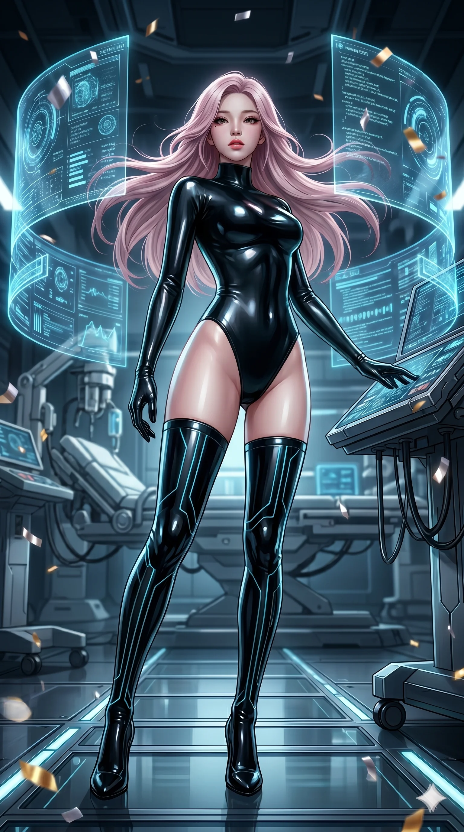 score_9, masterpiece, best quality, ultra-detailed, semi-realistic high-budget anime keyframe, an incredibly beautiful Japanese anime girl. Low angle cowboy shot filling the frame. She has an absolutely perfect 8-heads proportion, an exceptionally tall female figure with a slim-fit toned body. Her face is a highly detailed masterpiece featuring a v-shaped jawline, high-bridge nose, intricate jewel-like eyes, thick eyelashes, and glossy lips. She has pastel pink flowing hair. She is wearing a tight-fitting glossy latex bodysuit with glowing cyan circuitry patterns, high-cut thigh-high boots, highlighting her alluring silhouette. Cybernetic laboratory, holographic screens, dramatic rim lighting, cinematic shadows, 2k, ultra detail, master piece, 9:16 ratio