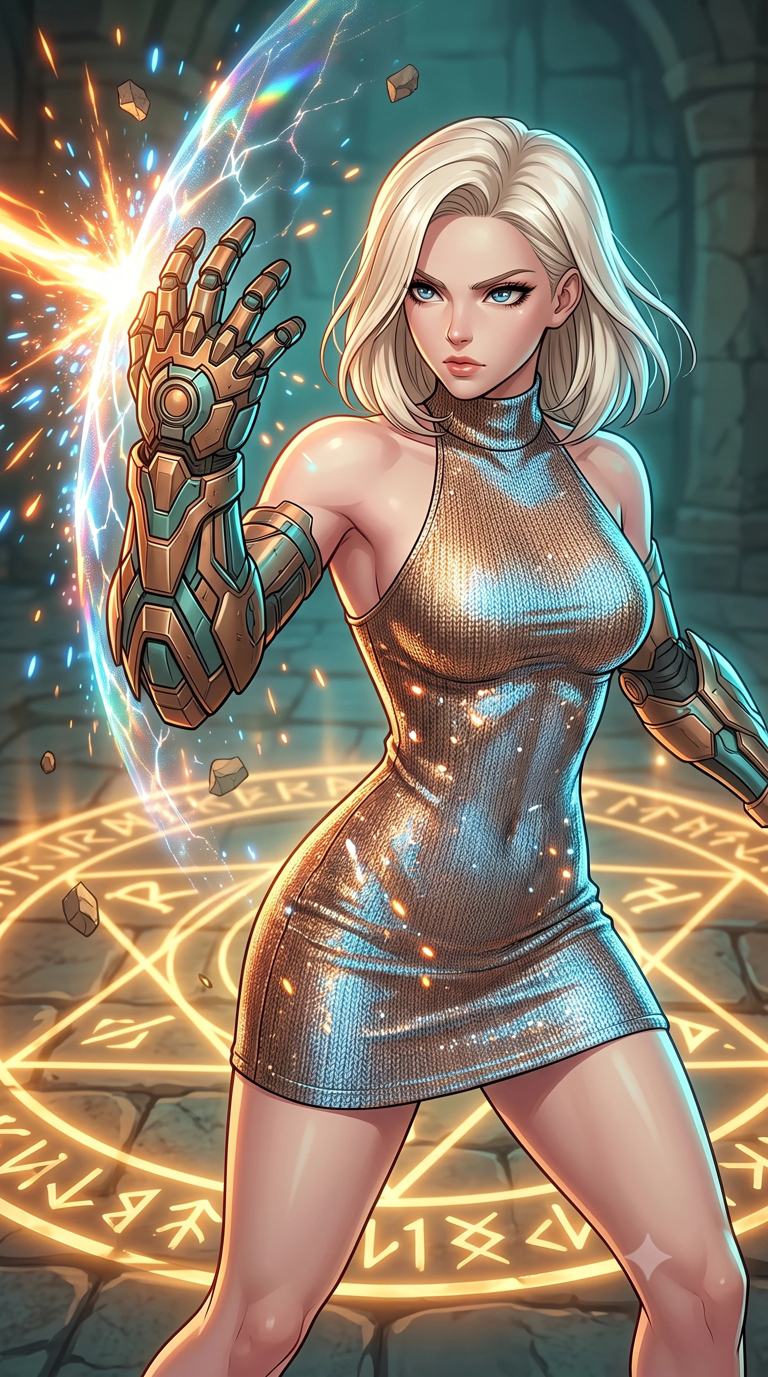 score_9, masterpiece, best quality, ultra-detailed, high-budget anime keyframe, clean line-art, cel-shading, Caucasian woman, strictly human ears. close-up cowboy shot from the waist and thighs up, the character dominates the composition, filling the frame with her large presence, background elements kept in soft focus. Deflecting an incoming plasma strike with her armored gauntlet in a powerful defensive stance. set against a soft-focus background of an ancient stone chamber where a massive runic seal on the floor glows with gold light, stone debris floating in the energy field. She has an exceptionally elegant and slender, willowy female figure with an ultra-slim waist, a gracefully sculpted slender torso, and a refined slim physique. sharp v-shaped jawline, high-bridge nose, intricate jewel-like eyes with depth, thick eyelashes, glossy lips with a natural sheen. wearing catching and diffusing the glowing particles, shimmering softly in response to the surrounding light, a tailored high-neck racer-back fitted dress in a metallic bronze and sky blue knit, highlighting her athletic shoulders and slender torso. warm amber rim lighting combined with cool teal fill light creating dramatic contrast. highly saturated vibrant anime colors, intense vivid color palette, volumetric dynamic lighting, 2k, ultra detail, master piece, 9:16 ratio