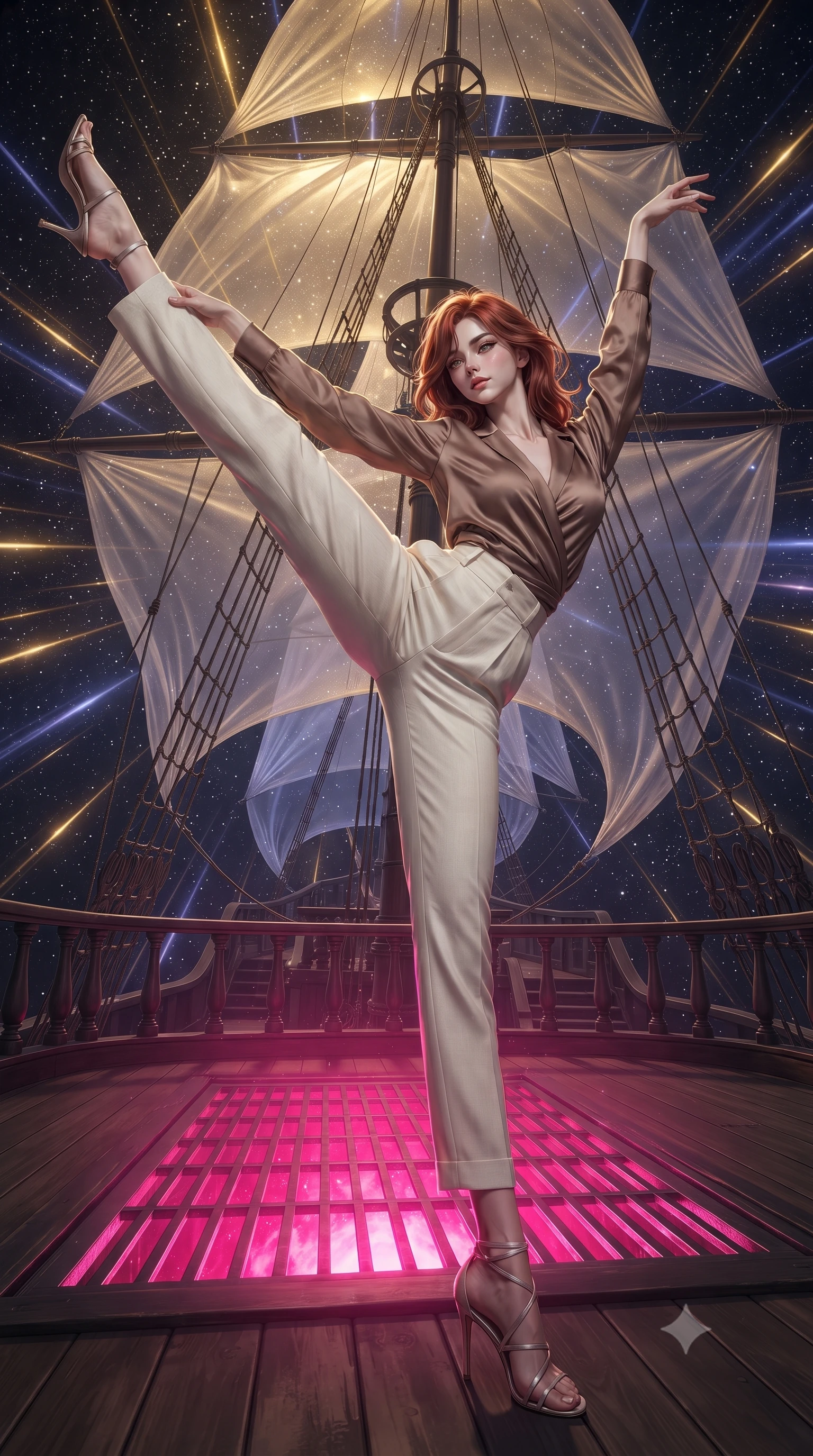 score_9, masterpiece, best quality, ultra-detailed, high-budget anime keyframe, editorial fashion photography, tasteful artistic composition, Korean woman. low angle full-body shot from head to toe showing her feet, filling the entire 9:16 vertical frame with her statuesque presence, stretching her vertical silhouette. dancing with weightless grace through the deck of a magnificent interstellar sailing vessel with enormous gossamer light-sails billowing with stellar wind cosmic rays visible as golden streaks against the star-filled void beyond the railings. She has a statuesque 8.5-heads proportion, an exceptionally tall, slender and willowy model-like build with impossibly long legs and a highly sculpted ultra-slim waist. sharp v-shaped jawline, high-bridge nose, intricate jewel-like eyes with depth, thick eyelashes, glossy lips with a natural sheen. wearing a wrap-style silk blouse in a warm mocha shade, tucked into high-waisted ivory linen trousers. dramatic contrast of hot pink furnace glow from below and cool golden light from above. 2k, ultra detail, master piece, 9:16 ratio
