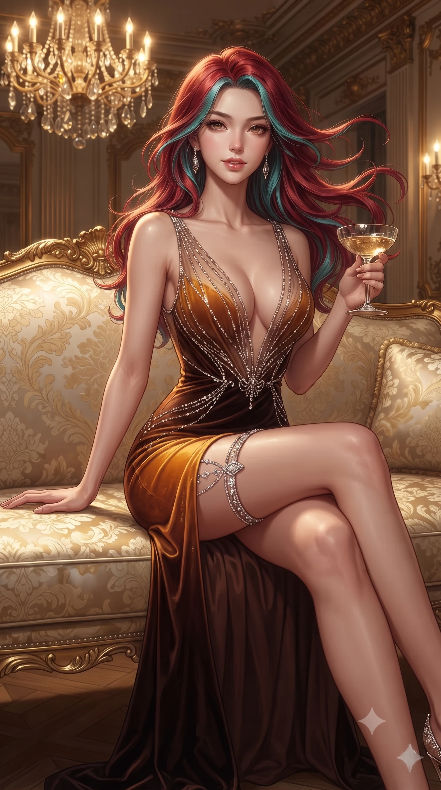 score_9, masterpiece, best quality, ultra-detailed, high-budget anime keyframe, editorial fashion photography, tasteful artistic composition, Caucasian woman. close-up cowboy shot from the waist and thighs up, the character dominates the composition, filling the frame with her large presence. turning slowly with an enchanting smoldering smile, her glossy hair tossing in the breeze as her hips angle gracefully in a captivating contrapposto while sitting gracefully on the silk damask settee with legs crossed, holding a coupe of champagne with magnetic, teasing elegance. The surrounding environment is rendered in vivid detail and crisp panoramic clarity: sharp hand-carved gilded acanthus leaf moldings, parquet de Versailles wood grain, and crystal prism facets in deep focus. She has an exceptionally elegant, slender, and willowy female figure with an ultra-slim waist, flat toned midriff, narrow ribcage, and sculpted feminine hips creating an alluring, slim hourglass silhouette without bulk. sharp v-shaped jawline, high-bridge nose, intricate jewel-like sparkling eyes with depth, thick eyelashes, glossy parted lips with a natural peach sheen, bright cheerful beaming smile with an enchanting and coquettish sensual glint, exuding both youthful cute charm and seductive allure, flawlessly proportioned anatomical accuracy, strict slender model proportions, natural body alignment, perfectly sculpted long slender limbs, ultra-slim waistline, clean dynamic posture without body distortion. wearing a plunge-front sheer mesh cocktail gown with delicate crystal beading and an ultra-daring hip-high leg slit in Hannam-dong glowing amber and rich dark espresso, tailored from ultra-plush silk velvet with rich tactile depth and deep shadow gradients, finished with delicate crystal-encrusted thigh garter straps glinting in the dim light, the form-contouring silhouette accentuating her sculpted flat midriff, narrow delicate ribcage, and gracefully curvy hips with intoxicating allure. bathed in the opulent golden 2700K illumination of multi-tiered crystal chandeliers dimmed to an intimate evening glow. ultra-reflective glossy finish, specular highlights, rich textural contrasts, high-contrast stereoscopic depth, volumetric dynamic lighting, 2k, ultra detail, master piece, 9:16 ratio