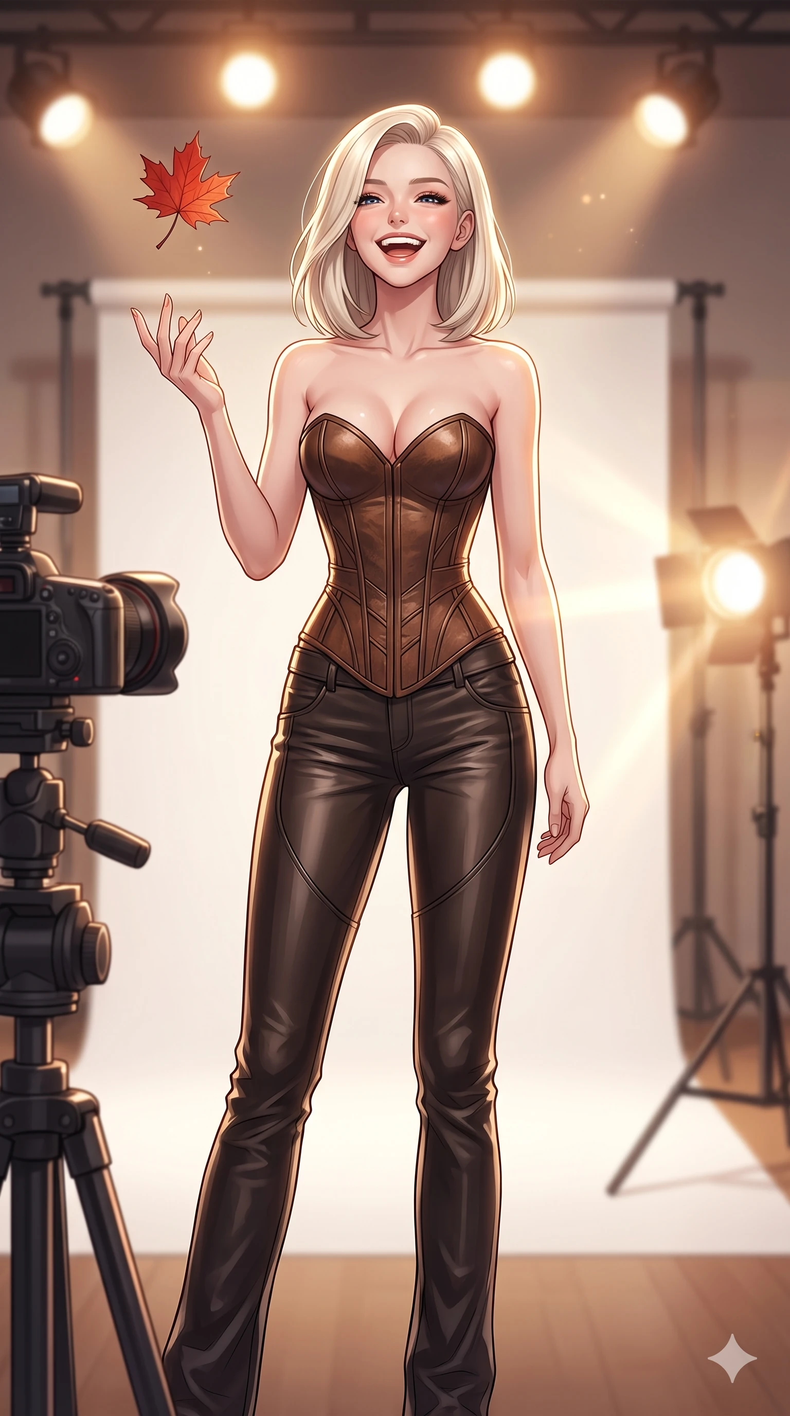 score_9, masterpiece, best quality, ultra-detailed, high-budget anime keyframe, vibrant anime aesthetic, Caucasian woman, strictly human ears. cowboy shot from the thighs up, character and outfit filling the frame for maximum presence. She is tossing a maple leaf with a happy winter laugh, her face glowing with delight in the sun inside a runway backstage room with warm spotlights (Code-P21-174). She has an absolutely perfect 8-heads proportion, an exceptionally tall and slender female figure with impossibly long slender legs and an ultra-slim waist. V-shaped jawline, high-bridge nose, intricate jewel-like eyes with depth, thick eyelashes, glossy lips with a natural sheen. wearing a leather corset with sweetheart neckline revealing cleavage in winter. She is illuminated by bright, direct sunbeams in a photography studio, creating clean outlines. 2k, ultra detail, master piece, 9:16 ratio