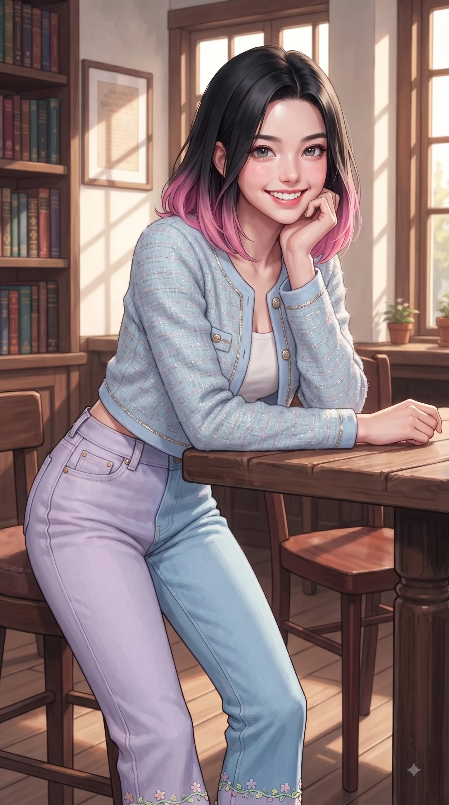score_9, masterpiece, best quality, ultra-detailed, high-budget anime keyframe, editorial fashion photography, tasteful artistic composition, Korean woman. close-up cowboy shot from the waist and thighs up, the character dominates the composition, filling the frame with her large presence. Cheerful beaming smile with sparkling eyes and a fresh girlhood aura, leaning forward with playful grace while resting her chin on her hand at a rustic wooden table as golden afternoon sunbeams stream across. The surrounding environment is rendered in vivid detail and crisp panoramic clarity. intricate book spines, polished mahogany tables, and sunlight streaming through tall window frames. She has an exceptionally elegant, slender, and willowy female figure with an ultra-slim waist, a gracefully sculpted slender torso, and a refined silhouette. sharp v-shaped jawline, high-bridge nose, intricate jewel-like eyes with depth, thick eyelashes, glossy lips with a natural sheen, flawlessly proportioned anatomical accuracy, natural body alignment, perfectly sculpted elegant limbs, clean dynamic posture without body distortion. wearing a casual chic pastel blue cropped cardigan with high-rise straight-leg denim jeans in soft pastel lavender and sky blue, tailored from soft pastel tweed with subtle metallic thread, complemented by delicate embroidered floral trim along the hem, the chic real-way fashion cut emphasizing her effortless charm. surrounded by a cozy, serene, and healing book cafe atmosphere. ultra-reflective glossy finish, specular highlights, metallic sheen, high-contrast stereoscopic depth, volumetric dynamic lighting, 2k, ultra detail, master piece, 9:16 ratio