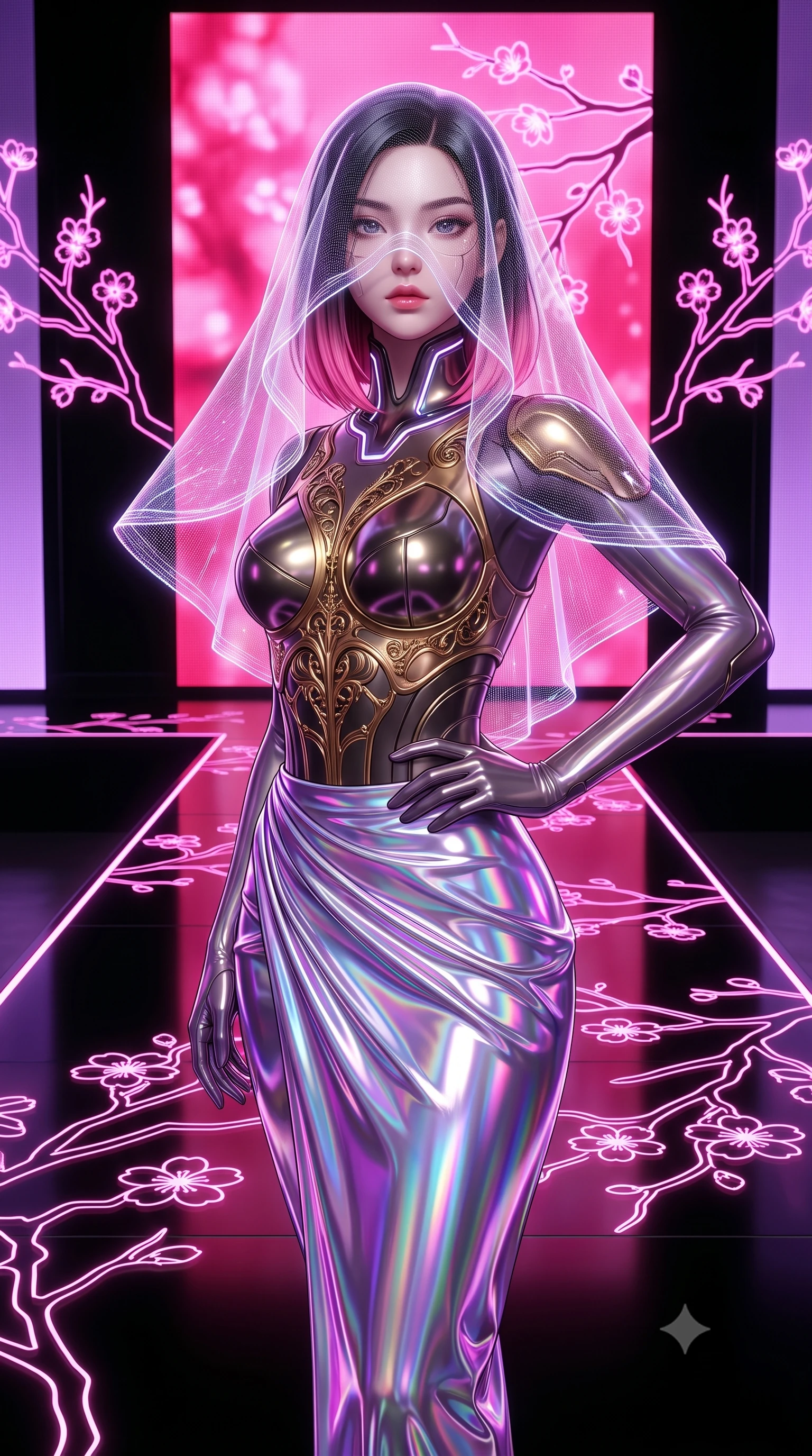 score_9, masterpiece, best quality, ultra-detailed, high-budget anime keyframe, editorial fashion photography, tasteful artistic composition, Korean woman. close-up cowboy shot from the waist and thighs up, the character dominates the composition, filling the frame with her large presence. twisting her upper body in a dynamic S-curve with commanding allure, one hand resting on her slender waist with haughty grace while pivoting dynamically on a black glass runway as holographic cherry blossom branches branch out in glowing neon lines. The surrounding environment is rendered in vivid detail and crisp panoramic clarity. vibrant contrast between rich digital pinks, obsidian black surfaces, and neon light in panoramic sharpness. She has an exceptionally elegant, slender, and willowy female figure with an ultra-slim waist, a gracefully sculpted slender torso, toned flat midriff, and a refined slim silhouette. sharp v-shaped jawline, high-bridge nose, intricate jewel-like eyes with depth, thick eyelashes, glossy lips with a natural sheen, flawlessly proportioned anatomical accuracy, strict slender model proportions, natural body alignment, perfectly sculpted long slender limbs, ultra-slim waistline, clean dynamic posture without body distortion. wearing an ethereal translucent cyber-veil paired with a sculpted golden mechanical cuirass and high-fashion draped silk skirt in iridescent holographic chrome with prism violet highlights, formed from high-gloss patent material with specular chiaroscuro reflections, featuring a sleek aerodynamic collar framed by subtle glowing cybernetic accents, the glove-like aerodynamic second-skin fit tightly clinging to her ultra-slender waist and athletic curves without adding bulk, accentuating her razor-sharp statuesque lines and slim hourglass silhouette. bathed in luminous magenta and rose-pink digital sakura backlighting with soft violet fill. ultra-reflective glossy finish, specular highlights, dark metallic sheen, high-contrast stereoscopic depth, volumetric dynamic lighting, 2k, ultra detail, master piece, 9:16 ratio