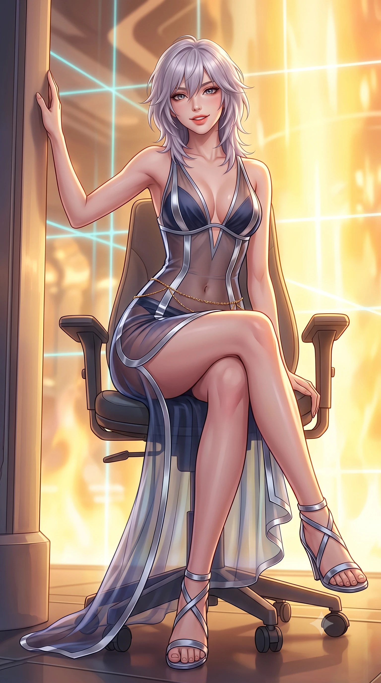 score_9, masterpiece, best quality, ultra-detailed, high-budget anime keyframe, semi-realistic 3D game render, editorial fashion photography, tasteful artistic composition, Japanese woman. low angle full-body shot from head to toe showing her feet, filling the entire 9:16 vertical frame with her statuesque presence, stretching her vertical silhouette. standing tall beside the architectural column, one hand resting high while arching her lower back to emphasize her sculpted feminine hips and slender waist while sitting gracefully on the ergonomic control chair with legs crossed, flashing a playful, coquettish smile with parted glossy lips. The background shows a soft-focus plasma heat haze softened in futuristic quantum fusion facility shallow focus. She has an exceptionally tall and slender model-like 8.5-heads proportion, an ultra-slim waist, a flat toned midriff, narrow delicate ribcage, and beautifully sculpted feminine hips creating a graceful, slim hourglass silhouette without any bulky heaviness, with impossibly long slender legs. sharp v-shaped jawline, high-bridge nose, intricate jewel-like sparkling eyes with depth, thick eyelashes, glossy parted lips with a natural peach sheen, bright cheerful beaming smile with an enchanting and coquettish sensual glint, exuding both youthful cute charm and seductive allure, flawlessly proportioned anatomical accuracy, strict slender model proportions, natural body alignment, perfectly sculpted long slender limbs, ultra-slim waistline, clean dynamic posture without body distortion. wearing a plunge-front sheer illusion tulle combat slip dress with liquid platinum ribbon stripes hugging her curves in midnight carbon navy and polished chrome, crafted from translucent silk organza with an ethereal crystalline sheen, accented with a dainty gold belly chain resting across her flat midriff and curving hips, the liquid-tight tailored fabric clinging flawlessly to her narrow waist and rounded feminine hips, emphasizing every millimeter of her sculpted slim hourglass curves without any bulky heaviness. bathed in the blinding warm golden 3000K plasma radiance mixed with delicate cyan laser grid lines. highly saturated vibrant anime colors, detailed shading with soft gradients, rich glossy textures, high-contrast stereoscopic depth, volumetric dynamic lighting, master piece, 9:16 ratio