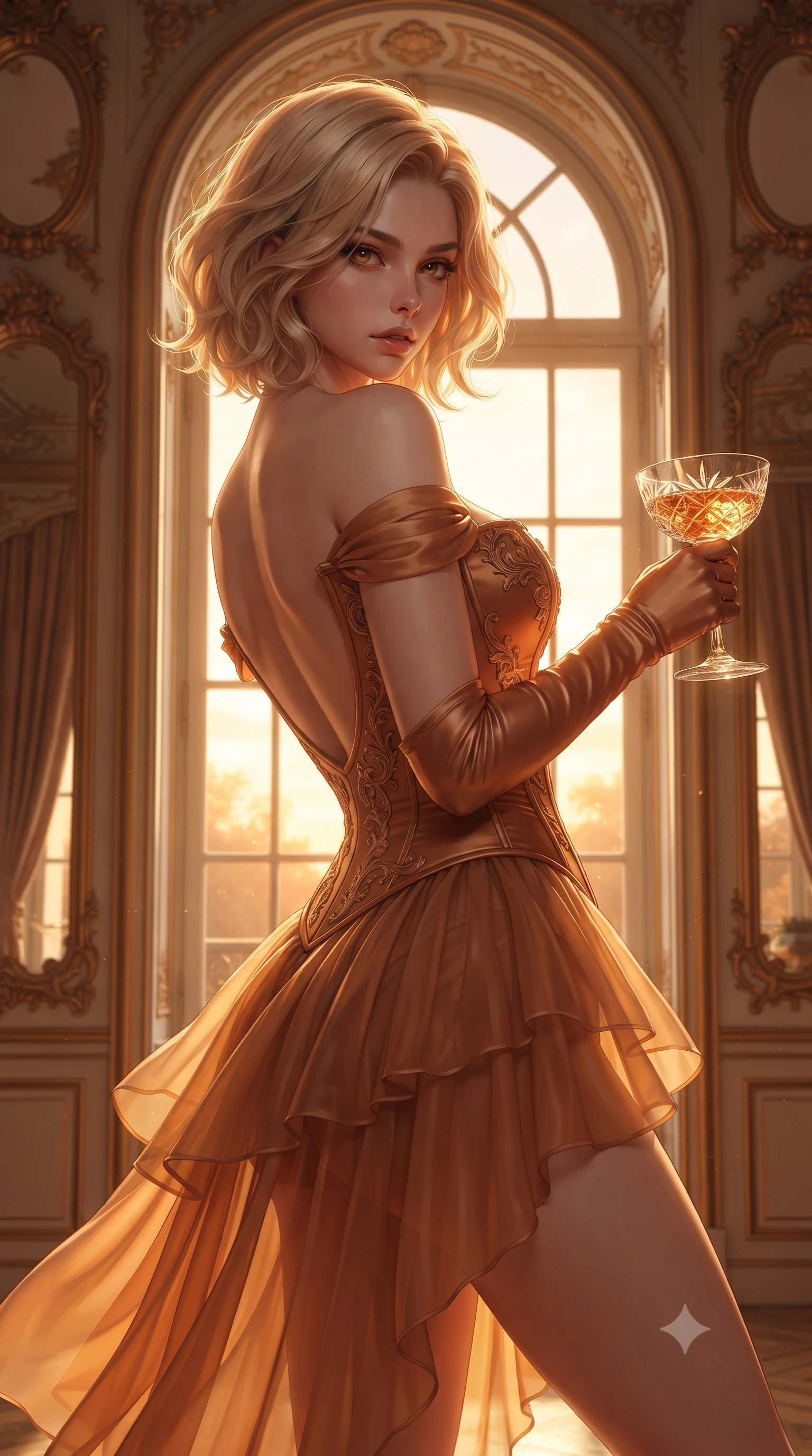 score_9, masterpiece, best quality, ultra-detailed, high-budget anime keyframe, editorial fashion photography, tasteful artistic composition, Caucasian woman. close-up cowboy shot from the waist and thighs up, the character dominates the composition, filling the frame with her large presence. leaning back with relaxed seductive grace, her sculpted collarbones and narrow waist highlighted as she casts smoldering bedroom-eyes directly into the camera while standing poised beside a towering arched window, twisting her upper body in an alluring S-curve as evening breeze flutters her sweeping gown. The surrounding environment is rendered in vivid detail and crisp panoramic clarity. detailed gown velvet texture, gilded mirror reflection clarity, and baroque architectural reliefs in high resolution. She has an exceptionally elegant, slender, and willowy female figure with an ultra-slim waist, flat toned midriff, narrow ribcage, and sculpted feminine hips creating an alluring, slim hourglass silhouette without bulk. sharp v-shaped jawline, high-bridge nose, intricate jewel-like eyes with depth, thick eyelashes, glossy parted lips with a natural sheen, intensely captivating and seductive bedroom-eyes expression, flawlessly proportioned anatomical accuracy, strict slender model proportions, natural body alignment, perfectly sculpted long slender limbs, ultra-slim waistline, clean dynamic posture without body distortion. wearing an off-shoulder French court corset bodice dress paired with a tiered translucent chiffon slit skirt in rich copper bronze and warm amber, tailored from ultra-smooth duchess satin with a pearlescent sheen, accessorized with opera-length satin gloves and a vintage crystal glass, the dramatically scooped open back descending to the base of her spine, accentuating her razor-sharp statuesque lines and slim hourglass silhouette. bathed in dramatic golden hour sunset backlighting through towering French arched windows. ultra-reflective glossy finish, specular highlights, rich textural contrasts, high-contrast stereoscopic depth, volumetric dynamic lighting, 2k, ultra detail, master piece, 9:16 ratio