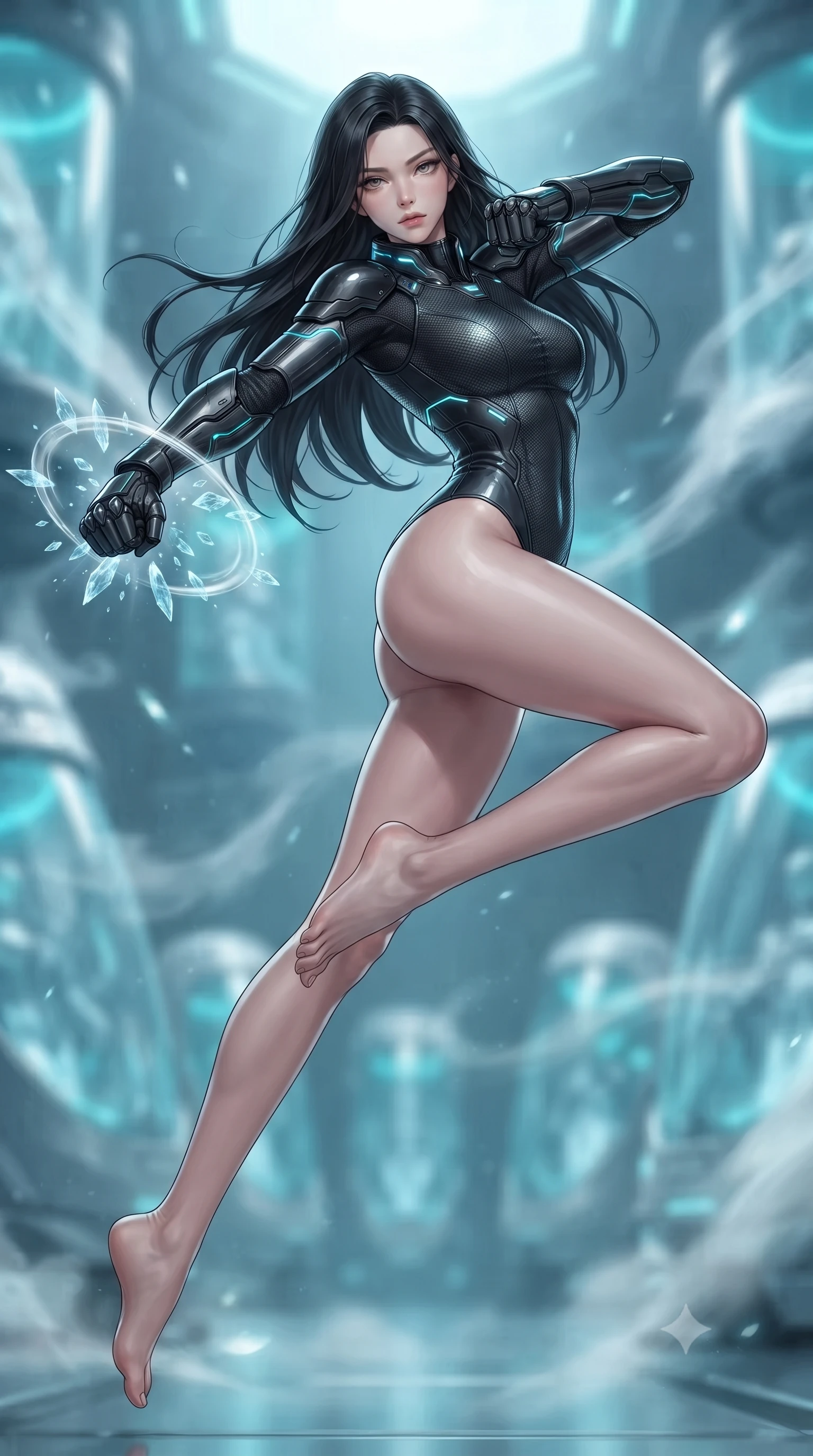 score_9, masterpiece, best quality, ultra-detailed, high-budget anime keyframe, editorial fashion photography, tasteful artistic composition, Korean woman. low angle full-body shot from head to toe showing her feet, filling the entire 9:16 vertical frame with her statuesque presence, stretching her vertical silhouette. leaping into mid-air with an athletic yet alluring arch of her spine, driving a downward kinetic strike surrounded by a ring of displaced air while arching her spine in a fluid martial stretch as sub-zero energy crystals form along her carbon knuckle guards. The composition keeps background elements in soft focus with creamy bokeh. drifting cryogenic frost vapor and frozen glass pods blurred into radiant cyan, silver, and pale blue bokeh. She has an absolutely perfect, statuesque 8.5-heads proportion, an exceptionally tall and slender model-like female figure with impossibly long slender legs, a toned flat midriff, and an ultra-slim waist. sharp v-shaped jawline, high-bridge nose, intricate jewel-like eyes with depth, thick eyelashes, glossy lips with a natural sheen, flawlessly proportioned anatomical accuracy, strict slender model proportions, natural body alignment, perfectly sculpted long slender limbs, ultra-slim waistline, clean dynamic posture without body distortion. wearing an aerodynamic dark titanium carbon-mesh jumper with glowing blue fiber lines and reinforced Damascus-pattern arm guards in matte obsidian carbon black with electric cyan conduits, formed from high-gloss patent carbon-plating with specular chiaroscuro reflections, featuring a sleek aerodynamic collar framed by subtle glowing cybernetic status LEDs, the glove-like aerodynamic second-skin fit tightly clinging to her ultra-slender waist and athletic curves without adding bulk, accentuating her razor-sharp statuesque lines and slim hourglass silhouette. bathed in glowing cyan cryogenic stasis radiance and cool white emergency strobe lighting. ultra-reflective glossy finish, specular highlights, dark metallic sheen, high-contrast stereoscopic depth, volumetric dynamic lighting, 2k, ultra detail, master piece, 9:16 ratio