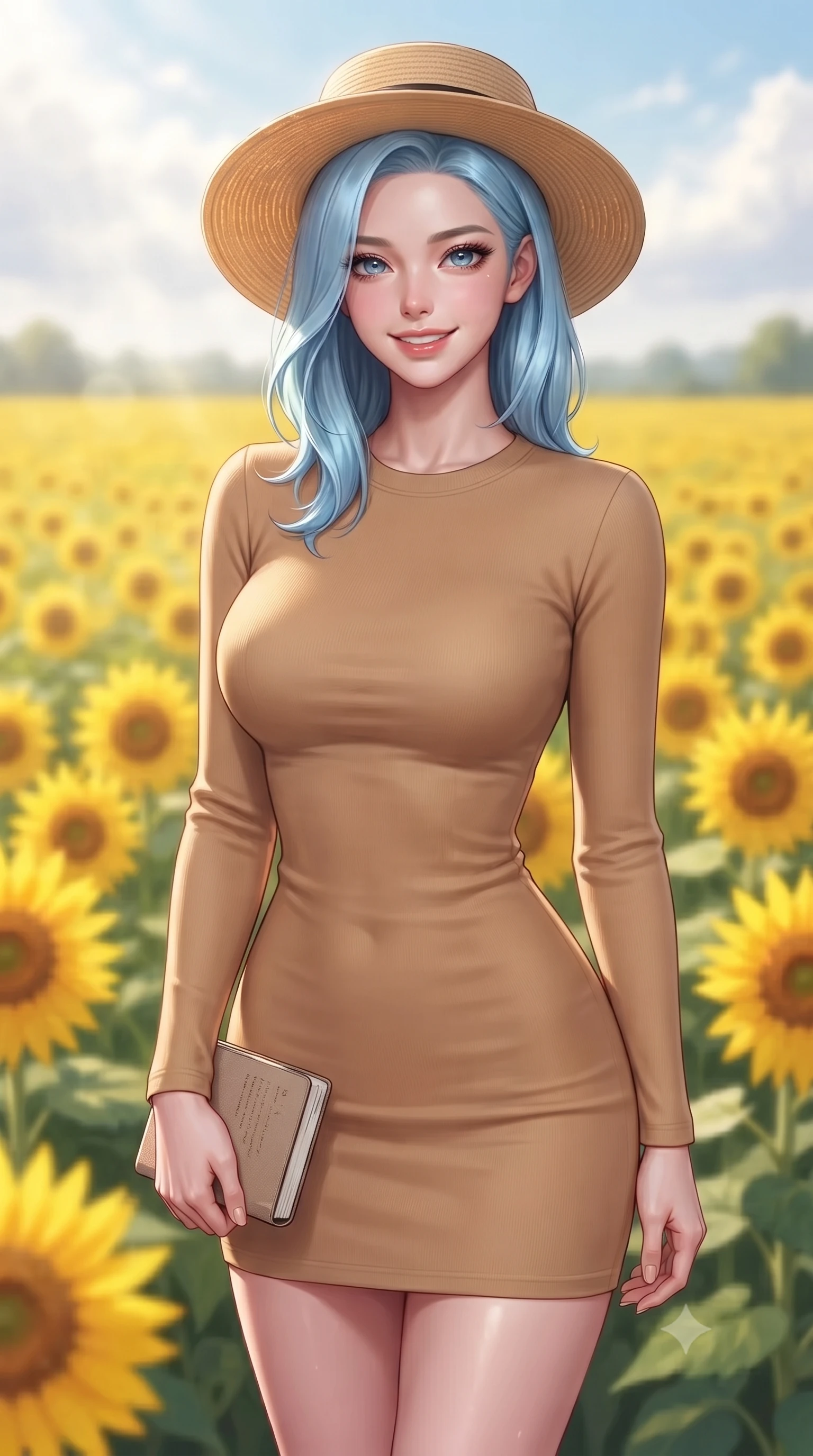 score_9, masterpiece, best quality, ultra-detailed, high-budget anime keyframe, editorial fashion photography, tasteful artistic composition, Korean woman. close-up cowboy shot from the waist and thighs up, the character dominates the composition, filling the frame with her large presence, background elements kept in soft focus. smiling cutely with an air of effortless superiority and magnetic charm set against a soft-focus background of in the middle of a vast, sunny field filled with bright yellow sunflowers with a cute straw hat and a small notebook in her hand. She has an exceptionally elegant, slender, and willowy female figure with an ultra-slim waist, a gracefully sculpted slender torso, and a refined silhouette. sharp v-shaped jawline, high-bridge nose, intricate jewel-like eyes with depth, thick eyelashes, glossy lips with a natural sheen. wearing tailored body-hugging long-sleeve knit dress in camel, outlining her slender silhouette. soft afternoon sunbeams filtering through light clouds, casting gentle shadows. highly saturated vibrant anime colors, detailed shading with soft gradients, rich glossy textures, high-contrast stereoscopic depth, volumetric dynamic lighting, master piece, 9:16 ratio