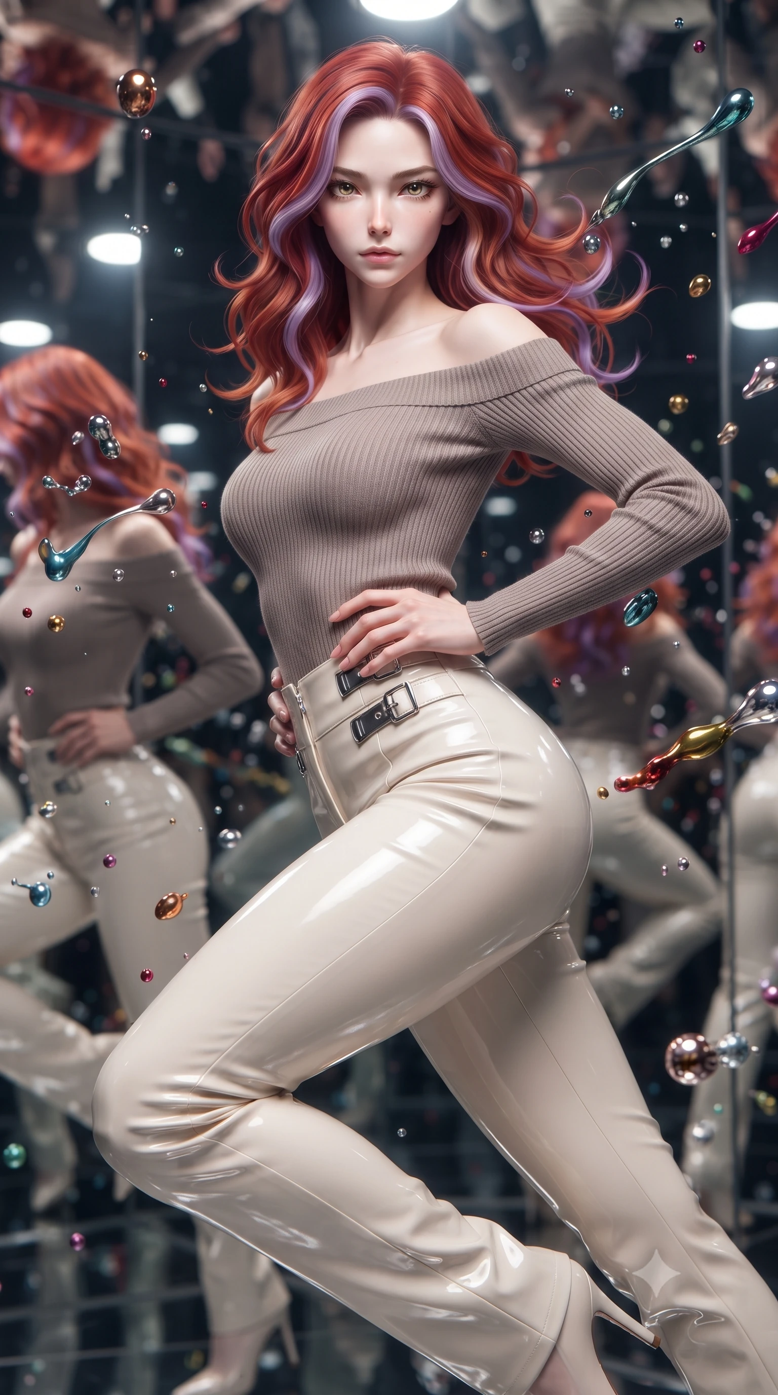 score_9, masterpiece, best quality, ultra-detailed, high-budget anime keyframe, editorial fashion photography, tasteful artistic composition, Caucasian woman. close-up cowboy shot from the waist and thighs up, the character dominates the composition, filling the frame with her large presence, background elements kept in soft focus. Holding a powerful dynamic pose with one hand on her hip and body angled dramatically toward the key light while leaping through a kaleidoscope mirror corridor as her reflection multiplies endlessly, vibrant paint droplets frozen in time casting specular highlights. She has an exceptionally elegant, slender, and willowy female figure with an ultra-slim waist, a gracefully sculpted slender torso, and a refined silhouette. sharp v-shaped jawline, high-bridge nose, intricate jewel-like eyes with depth, thick eyelashes, glossy lips with a natural sheen, flawlessly proportioned anatomical accuracy, natural body alignment, perfectly sculpted elegant limbs, clean dynamic posture without body distortion. wearing a sleek off-shoulder ribbed knit top paired with high-waist tailored pants in muted taupe and soft ivory, tailored from high-gloss patent leather, detailed with polished silver buckles along the waistline, the tailored fabric tightly following every curve of her athletic build. illuminated by high-contrast studio spotlights with sharp specular highlights. ultra-reflective glossy finish, specular highlights, metallic sheen, high-contrast stereoscopic depth, volumetric dynamic lighting, 2k, ultra detail, master piece, 9:16 ratio