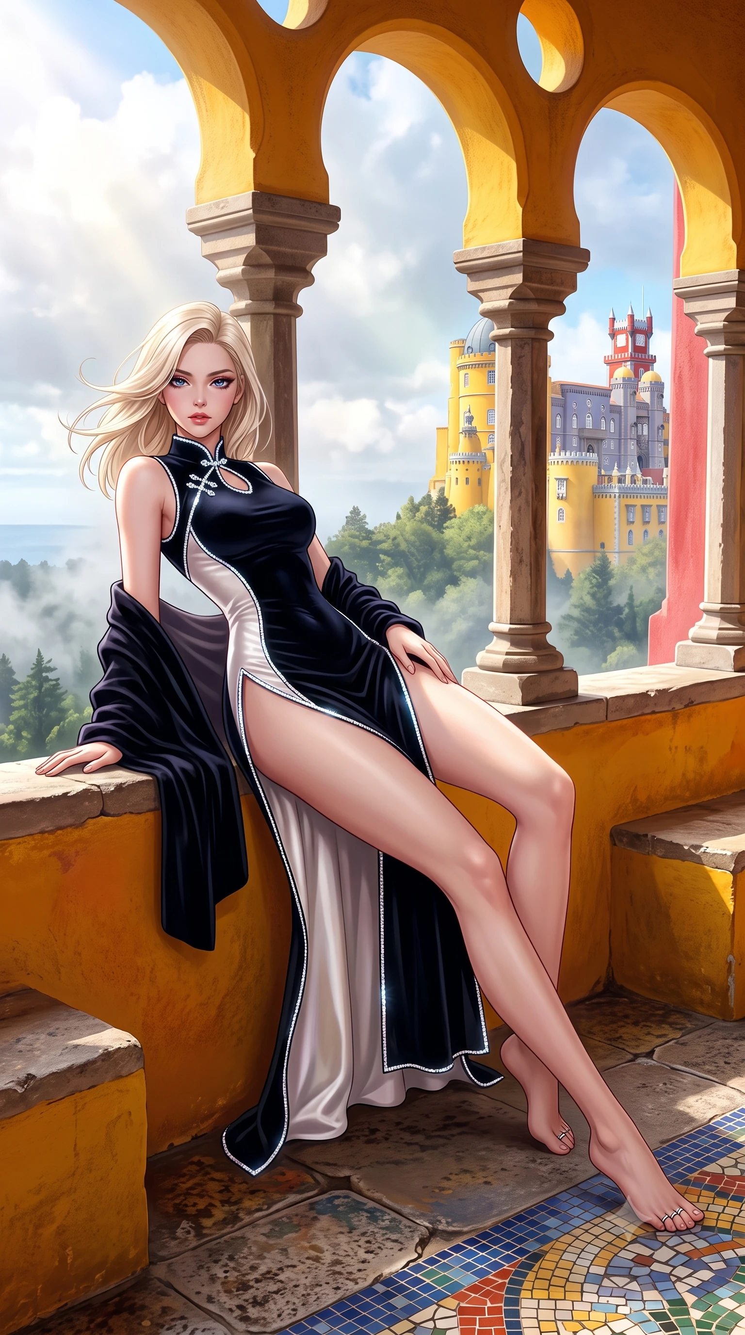 score_9, masterpiece, best quality, ultra-detailed, high-budget anime keyframe, semi-realistic 3D game render, editorial fashion photography, tasteful artistic composition, Caucasian woman. low angle full-body shot from head to toe showing her feet, filling the entire 9:16 vertical frame with her statuesque presence, stretching her vertical silhouette. reclining on her side in an elegant Cleopatra pose with one knee drawn up, the dramatic contour of her rounded hips and long slender legs commanding the 9:16 vertical frame while standing on the vivid ochre and rose-red castle rampart balcony, arching her lower back as Atlantic coastal mist swirls through the enchanted forest below. The surrounding environment is rendered in vivid detail and crisp panoramic clarity. detailed heavy silk gown drape, wind-whipped hair strands, and Pena Palace architectural towers in high clarity. She has an exceptionally tall and slender model-like 8.5-heads proportion, an ultra-slim waist, a flat toned midriff, narrow delicate ribcage, and beautifully sculpted feminine hips creating a graceful, slim hourglass silhouette without any bulky heaviness, with impossibly long slender legs. sharp v-shaped jawline, high-bridge nose, intricate jewel-like eyes with depth, thick eyelashes, glossy parted lips with a natural sheen, intensely captivating and seductive bedroom-eyes expression, flawlessly proportioned anatomical accuracy, strict slender model proportions, natural body alignment, perfectly sculpted long slender limbs, ultra-slim waistline, clean dynamic posture without body distortion. wearing a modernized cyber-qipao mini dress with an ultra-high side slit ascending to the hip and glowing piping in pitch-black velvet with diamond crystal trim, tailored from ultra-smooth duchess satin with a pearlescent sheen, complemented by a plush velvet shawl draped loosely over her elbows, the second-skin form-contouring cut accentuating her sculpted flat midriff, narrow delicate ribcage, and gracefully curvy hips with supermodel precision. bathed in luminous coastal mist sunlight breaking through clouds onto the vibrant palace walls. highly saturated vibrant anime colors, detailed shading with soft gradients, rich glossy textures, high-contrast stereoscopic depth, volumetric dynamic lighting, master piece, 9:16 ratio