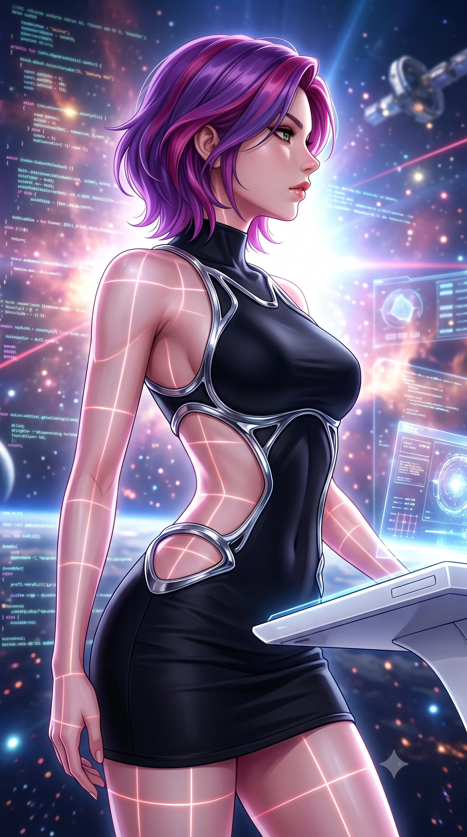 score_9, masterpiece, best quality, ultra-detailed, high-budget anime keyframe, editorial fashion photography, tasteful artistic composition, Caucasian woman. close-up cowboy shot from the waist and thighs up, the character dominates the composition, filling the frame with her large presence, background elements kept in soft focus. Turning her face in sharp dramatic profile against the bright light, showcasing her sharp v-shaped jawline resting on a sleek white floating console amidst glowing code streams, laser lines casting precise geometric grid highlights on her athletic form. She has an exceptionally elegant, slender, and willowy female figure with an ultra-slim waist, a gracefully sculpted slender torso, and a refined silhouette. sharp v-shaped jawline, high-bridge nose, intricate jewel-like eyes with depth, thick eyelashes, glossy lips with a natural sheen. wearing a dramatic open-waist cutout mini dress in matte black framed by sculptural chrome hardware, the glove-like fit emphasizing her statuesque silhouette. illuminated by radiant cosmic nebula light and glowing holographic displays. highly saturated vibrant anime colors, detailed shading with soft gradients, rich glossy textures, high-contrast stereoscopic depth, volumetric dynamic lighting, master piece, 9:16 ratio