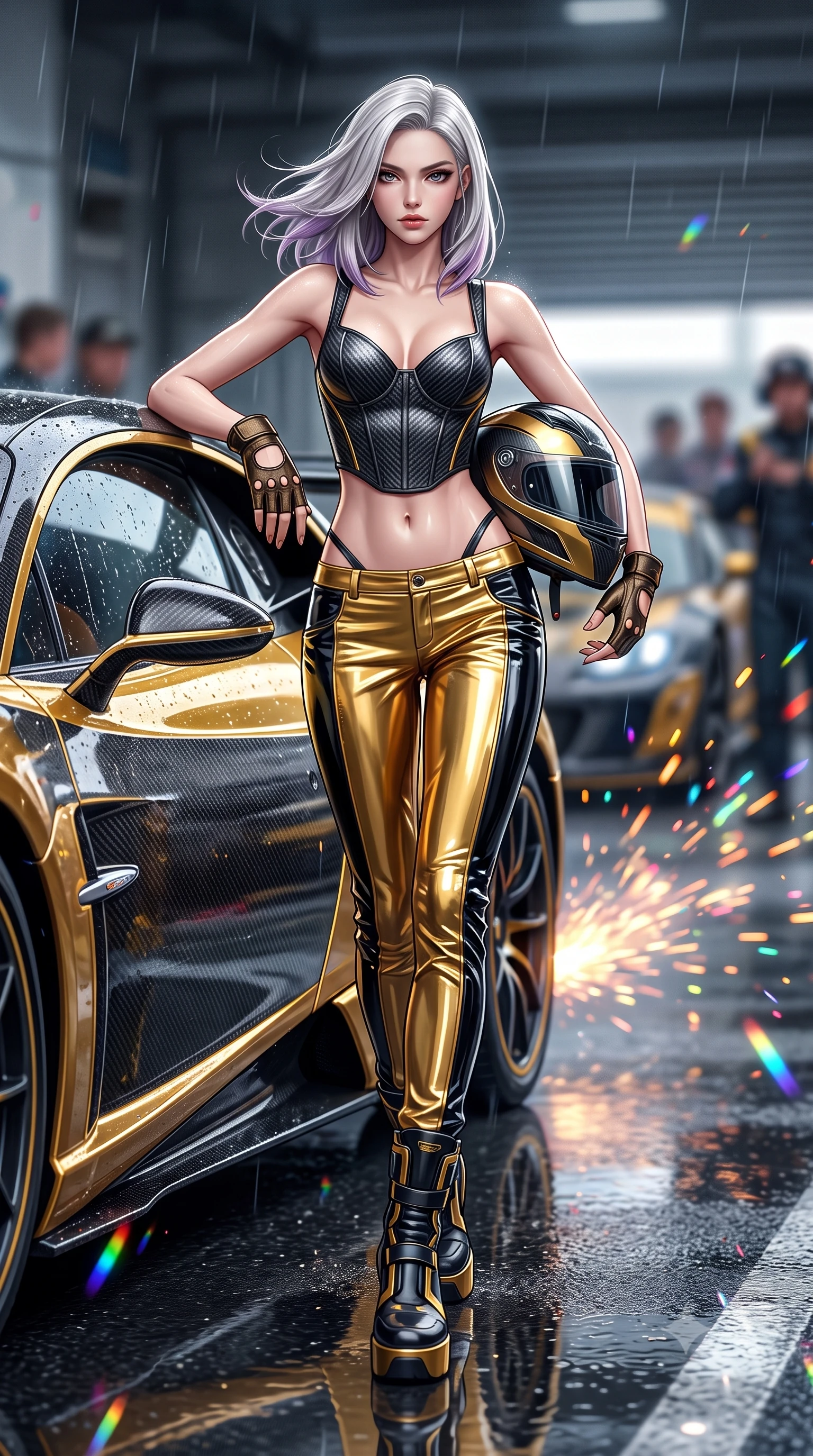 score_9, masterpiece, best quality, ultra-detailed, high-budget anime keyframe, semi-realistic 3D game render, editorial fashion photography, tasteful artistic composition, Caucasian woman. low angle full-body shot from head to toe showing her feet, filling the entire 9:16 vertical frame with her statuesque presence, stretching her vertical silhouette. striding forward in a proud, dynamic supermodel runway stride, hips swaying in an alluring kinetic rhythm that stretches her silhouette while leaning deep against the driver's side door with hips cocked, helmet resting against her hip, smoldering gaze locking onto the lens. The composition keeps background elements in soft focus with creamy bokeh. rain-slicked asphalt reflections and turbo exhaust sparks scattering vivid chromatic light motes. She has an absolutely perfect, statuesque 8.5-heads proportion, an exceptionally tall and slender model-like female figure with impossibly long slender legs, a toned flat midriff, and an ultra-slim waist. sharp v-shaped jawline, high-bridge nose, intricate jewel-like eyes with depth, thick eyelashes, glossy parted lips with a natural sheen, intensely captivating and seductive expression, flawlessly proportioned anatomical accuracy, strict slender model proportions, natural body alignment, perfectly sculpted long slender limbs, ultra-slim waistline, clean dynamic posture without body distortion. wearing a deconstructed carbon-fiber corset top paired with low-slung leather utility trousers in metallic liquid gold and obsidian black, tailored from high-gloss patent vinyl with sharp specular chiaroscuro, accessorized with bold platform racing boots and fingerless leather gloves, the liquid-tight tailored fabric emphasizing every curve of her tall, slender model proportions and sculptured silhouette. surrounded by a fierce, electrifying, and irresistibly intoxicating motorsport queen aura. highly saturated vibrant anime colors, detailed shading with soft gradients, rich glossy textures, high-contrast stereoscopic depth, volumetric dynamic lighting, master piece, 9:16 ratio