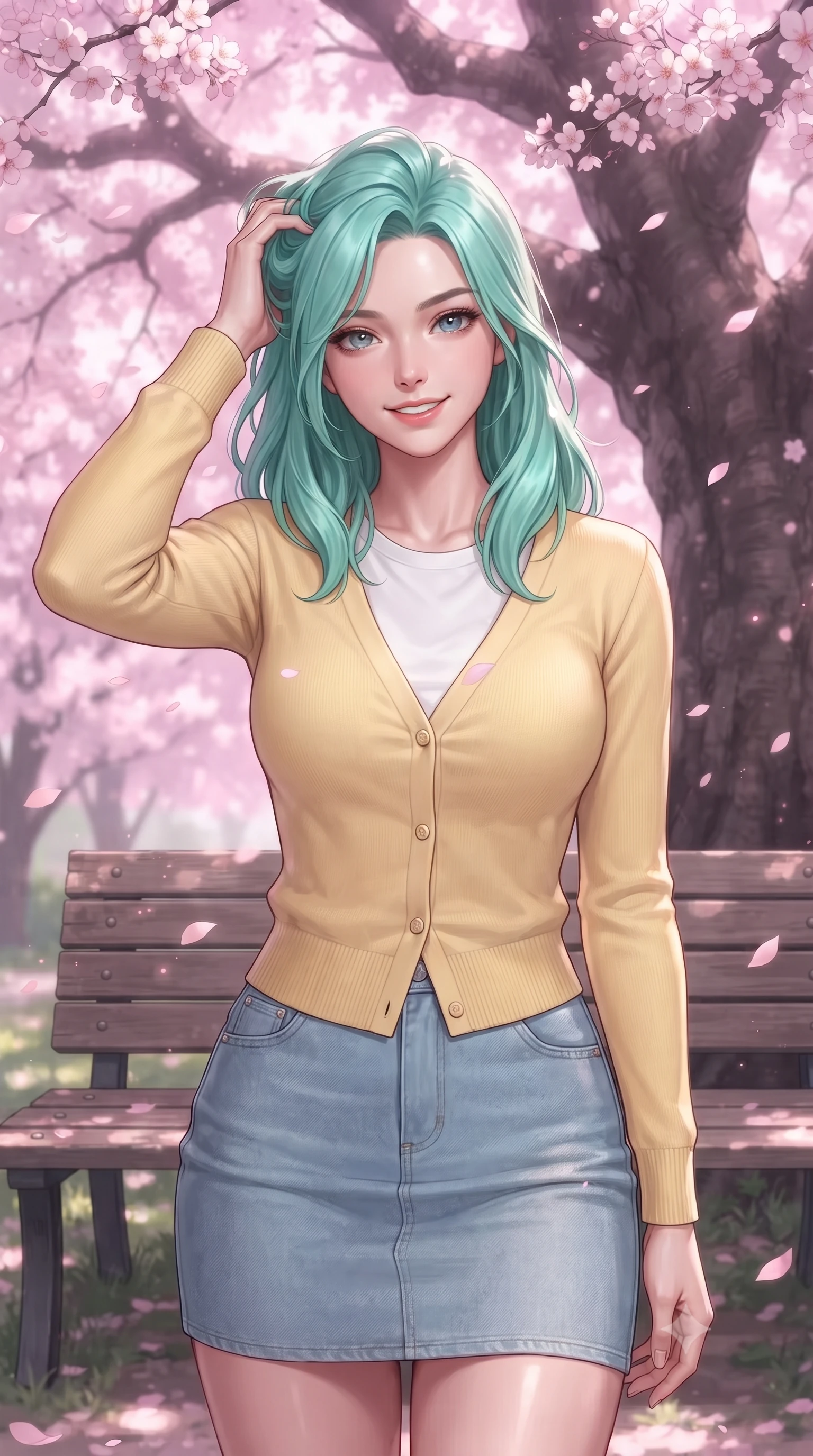 score_9, masterpiece, best quality, ultra-detailed, high-budget anime keyframe, editorial fashion photography, tasteful artistic composition, Japanese woman woman. close-up cowboy shot from the waist and thighs up, the character dominates the composition, filling the frame with her large presence, background elements kept in soft focus. smiling with quiet, magnetic self-assurance directly into the camera, running a hand through her hair the background shows a soft-focus a weathered wooden bench under a large ancient cherry tree with falling pink petals. She has an exceptionally elegant, slender, and willowy female figure with an ultra-slim waist, a gracefully sculpted slender torso, and a refined silhouette. sharp v-shaped jawline, high-bridge nose, intricate jewel-like eyes with depth, thick eyelashes, glossy lips with a natural sheen. wearing a body-hugging soft yellow cardigan over a white t-shirt and light blue denim skirt. soft pink diffused light under the cherry blossom canopy. ultra-reflective glossy finish, specular highlights, metallic sheen, high-contrast stereoscopic depth, volumetric dynamic lighting, 2k, ultra detail, master piece, 9:16 ratio