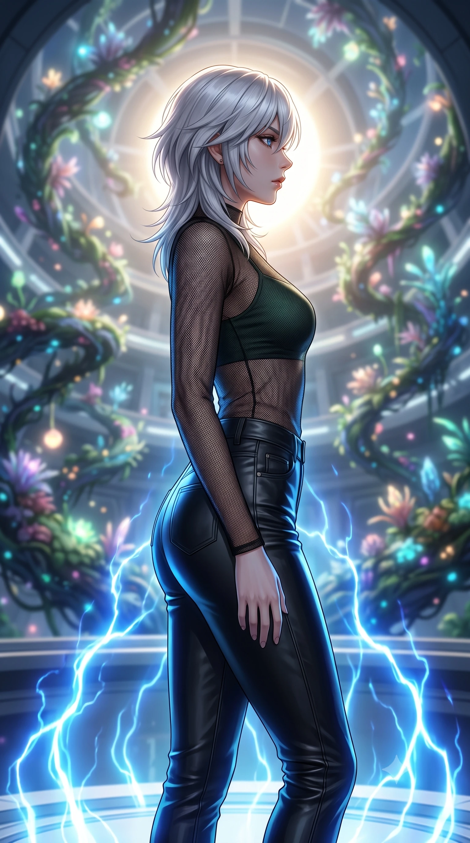 score_9, masterpiece, best quality, ultra-detailed, high-budget anime keyframe, editorial fashion photography, tasteful artistic composition, Japanese woman. close-up cowboy shot from the waist and thighs up, the character dominates the composition, filling the frame with her large presence, background elements kept in soft focus. Turning her face in sharp dramatic profile against the light. set against a soft-focus background of a massive atrium inside a space station where exotic alien plants grow in spiraling zero-gravity formations their bioluminescent fronds reaching toward an artificial sun at the atrium's center. She has an exceptionally elegant and slender, willowy female figure with an ultra-slim waist, a gracefully sculpted slender torso, and a refined slim physique. sharp v-shaped jawline, high-bridge nose, intricate jewel-like eyes with depth, thick eyelashes, glossy lips with a natural sheen. wearing a transparent black mesh top over a fitted dark green tank top, paired with high-waisted leather trousers. pulsing electric blue plasma arc lighting rising dramatically from below. 2k, ultra detail, master piece, 9:16 ratio