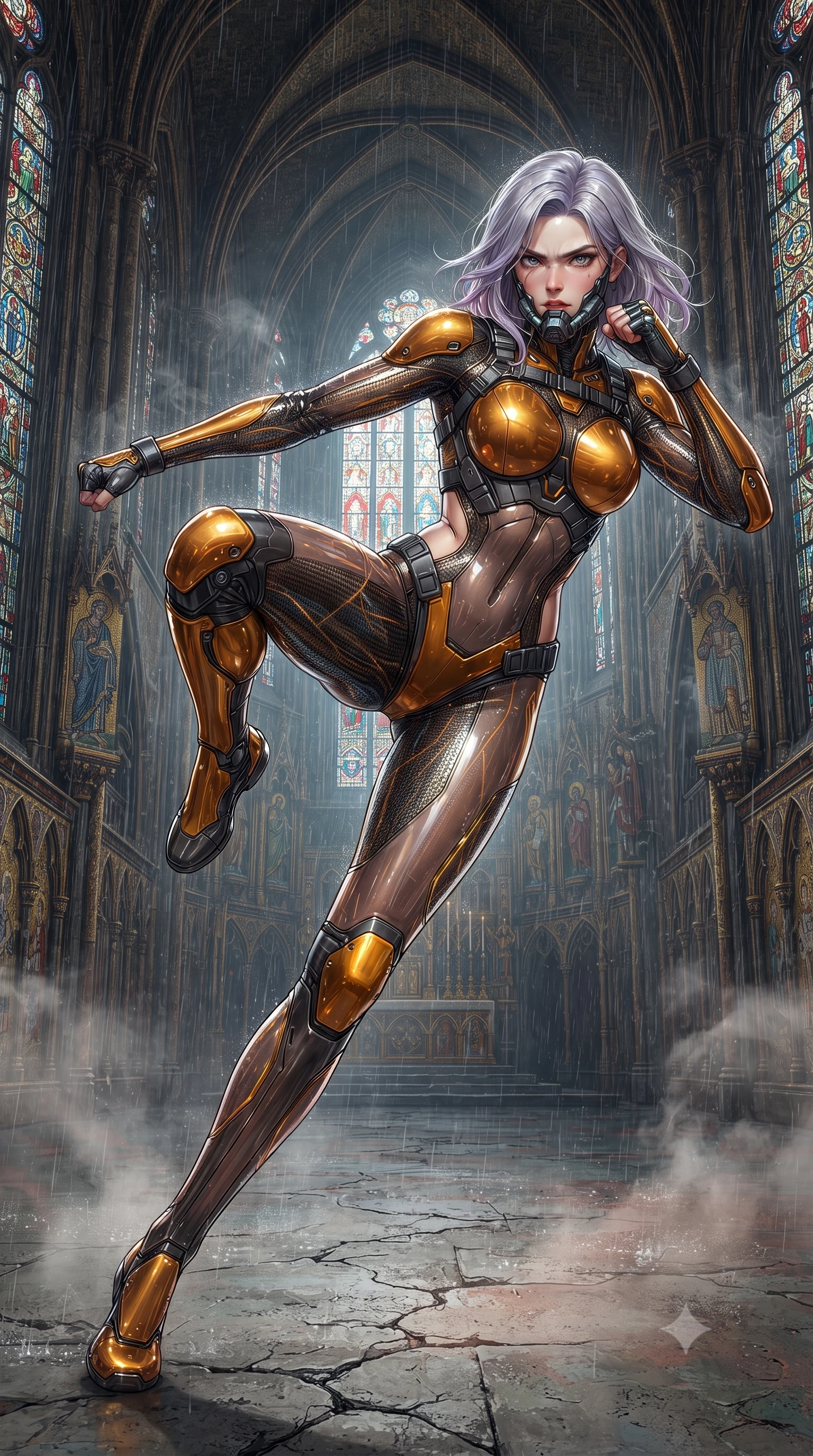 score_9, masterpiece, best quality, ultra-detailed, high-budget anime keyframe, editorial fashion photography, tasteful artistic composition, Caucasian woman. low angle full-body shot from head to toe showing her feet, filling the entire 9:16 vertical frame with her statuesque presence, stretching her vertical silhouette. pivoting dynamically in a high-speed low sweep kick along the cracked concrete, her athletic torso and ultra-slim waist twisting in a fluid arc of power while striding forward through drifting incense and cordite smoke with fierce, regal warrior composure. The surrounding environment is rendered in vivid detail and crisp panoramic clarity. detailed saint statue reliefs, rain-streaked stained glass borders, and armor joint mesh in high clarity. She has an absolutely perfect, statuesque 8.5-heads proportion, an exceptionally tall and slender model-like female figure with impossibly long slender legs, a toned flat midriff, and an ultra-slim waist. sharp v-shaped jawline, high-bridge nose, intricate jewel-like eyes with depth, thick eyelashes, glossy lips with a natural sheen, fierce and resolute heroine expression, flawlessly proportioned anatomical accuracy, strict slender model proportions, natural body alignment, perfectly sculpted long slender limbs, ultra-slim waistline, clean dynamic posture without body distortion. wearing a sleek titanium half-face combat rebreather guard protecting her lower jaw while leaving her expressive eyes and long hair flowing freely, paired with a form-contouring high-mobility battle-suit featuring sculpted carbon chest plating, diagonal midriff ventilation cutouts, and kinetic knee vambraces in molten amber-gold carbon cuirass with dark gunmetal weave, crafted from semi-translucent cybernetic carbon-vinyl interwoven with glowing micro-filaments, reinforced by a heavy-duty titanium tactical harness and glowing micro-energy status straps, the form-contouring material adhering flawlessly to her sculpted flat midriff and slender torso, emphasizing her long leg lines and perfectly proportioned willowy build. surrounded by an awe-inspiring, tragic, and radiantly unbreakable warrior goddess aura. ultra-reflective glossy finish, specular highlights, dark metallic sheen, high-contrast stereoscopic depth, volumetric dynamic lighting, 2k, ultra detail, master piece, 9:16 ratio