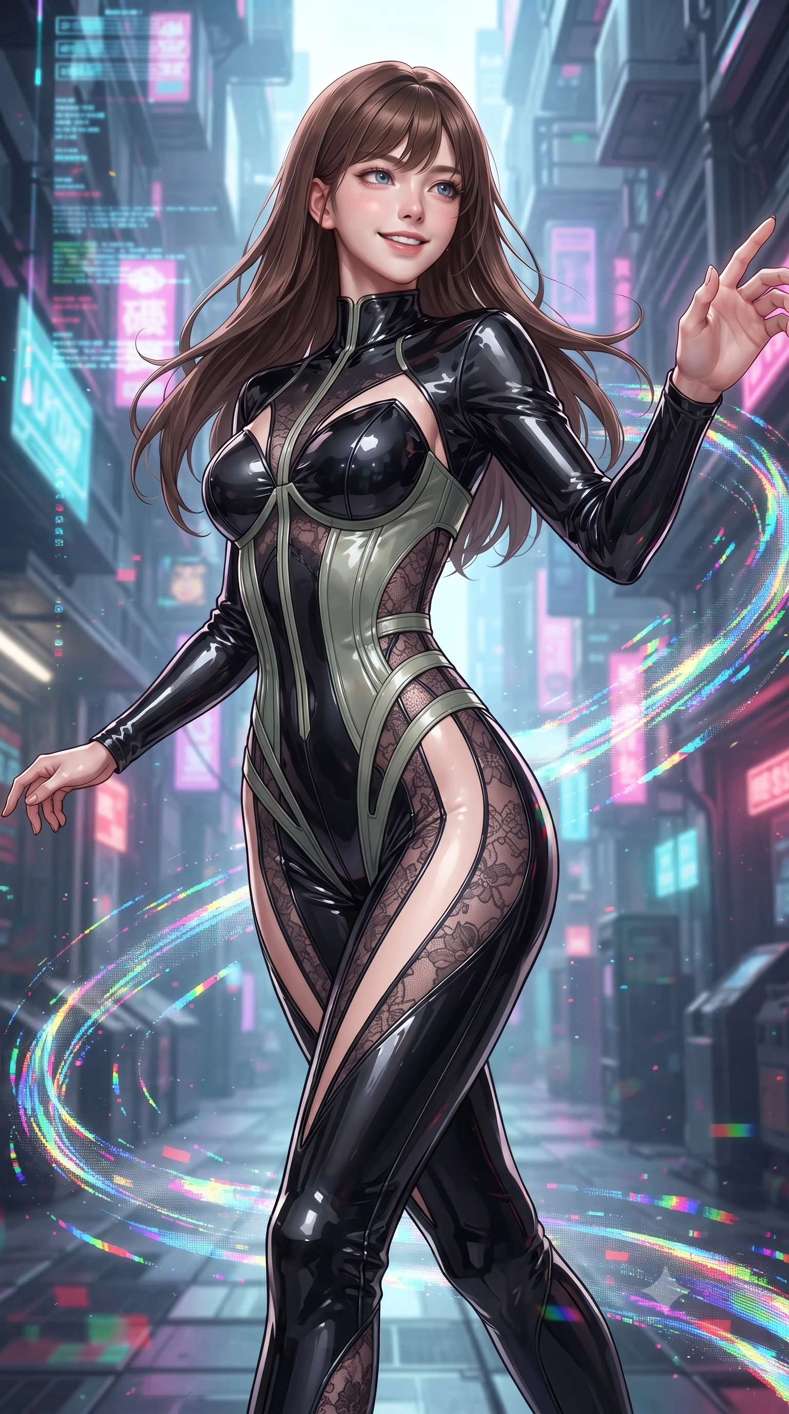 score_9, masterpiece, best quality, ultra-detailed, high-budget anime keyframe, editorial fashion photography, tasteful artistic composition, Korean woman. close-up cowboy shot from the waist and thighs up, the character dominates the composition, filling the frame with her large presence, background elements kept in soft focus. Extending one arm in an elegant stretch toward the light while smiling with magnetic self-assurance while forging forward through a cybernetic alleyway as holographic wind swirls around her, RGB glitch noise patterns casting colorful pixel trails along her movement. She has an exceptionally elegant, slender, and willowy female figure with an ultra-slim waist, a gracefully sculpted slender torso, and a refined silhouette. sharp v-shaped jawline, high-bridge nose, intricate jewel-like eyes with depth, thick eyelashes, glossy lips with a natural sheen, flawlessly proportioned anatomical accuracy, natural body alignment, perfectly sculpted elegant limbs, clean dynamic posture without body distortion. wearing a sheer dark lace pattern bodysuit with structured corsetry boning in sage green and oatmeal, tailored from high-gloss patent leather, featuring clean architectural cutouts along her slender torso, the tailored fabric tightly following every curve of her athletic build. surrounded by a high-energy futuristic cityscape atmosphere. ultra-reflective glossy finish, specular highlights, metallic sheen, high-contrast stereoscopic depth, volumetric dynamic lighting, 2k, ultra detail, master piece, 9:16 ratio
