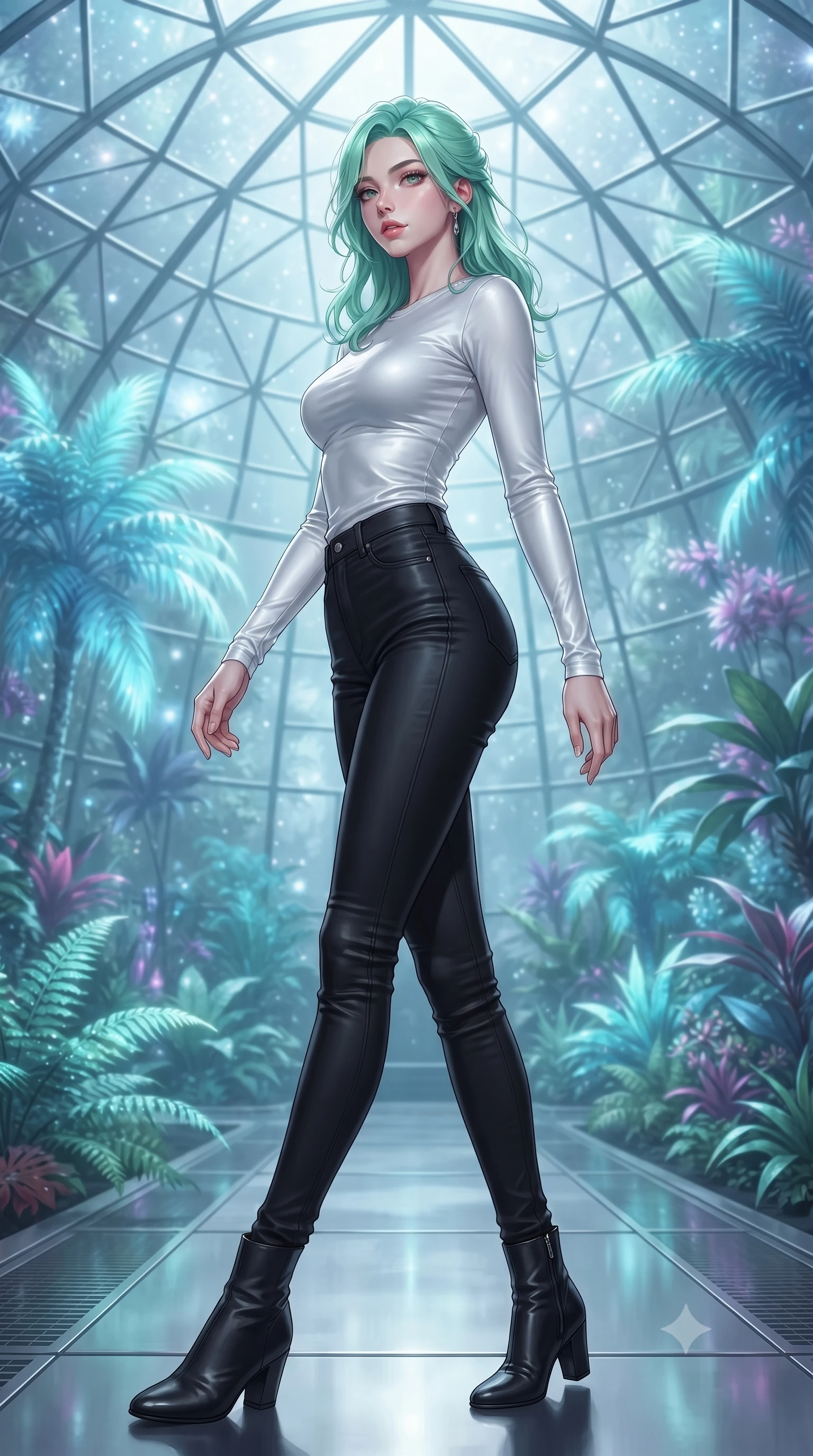 score_9, masterpiece, best quality, ultra-detailed, high-budget anime keyframe, editorial fashion photography, tasteful artistic composition, Japanese woman. low angle full-body shot from head to toe showing her feet, filling the entire 9:16 vertical frame with her statuesque presence, stretching her vertical silhouette. stepping gracefully while looking back over her shoulder, her dress draped tightly to reveal her silhouette the background shows a soft-focus a geodesic glass greenhouse dome filled with glowing bioluminescent tropical palms. She has an absolutely perfect, statuesque 8.5-heads proportion, an exceptionally tall and slender model-like female figure with impossibly long slender legs and an ultra-slim waist. sharp v-shaped jawline, high-bridge nose, intricate jewel-like eyes with depth, thick eyelashes, glossy lips with a natural sheen. wearing a body-hugging tight-fitting long-sleeve tee in pure white, tucked into high-waisted black skinny pants. opal silver starlight filtering through the glass ceiling, creating a cool ambient atmosphere. ultra-reflective glossy finish, specular highlights, metallic sheen, high-contrast stereoscopic depth, volumetric dynamic lighting, 2k, ultra detail, master piece, 9:16 ratio