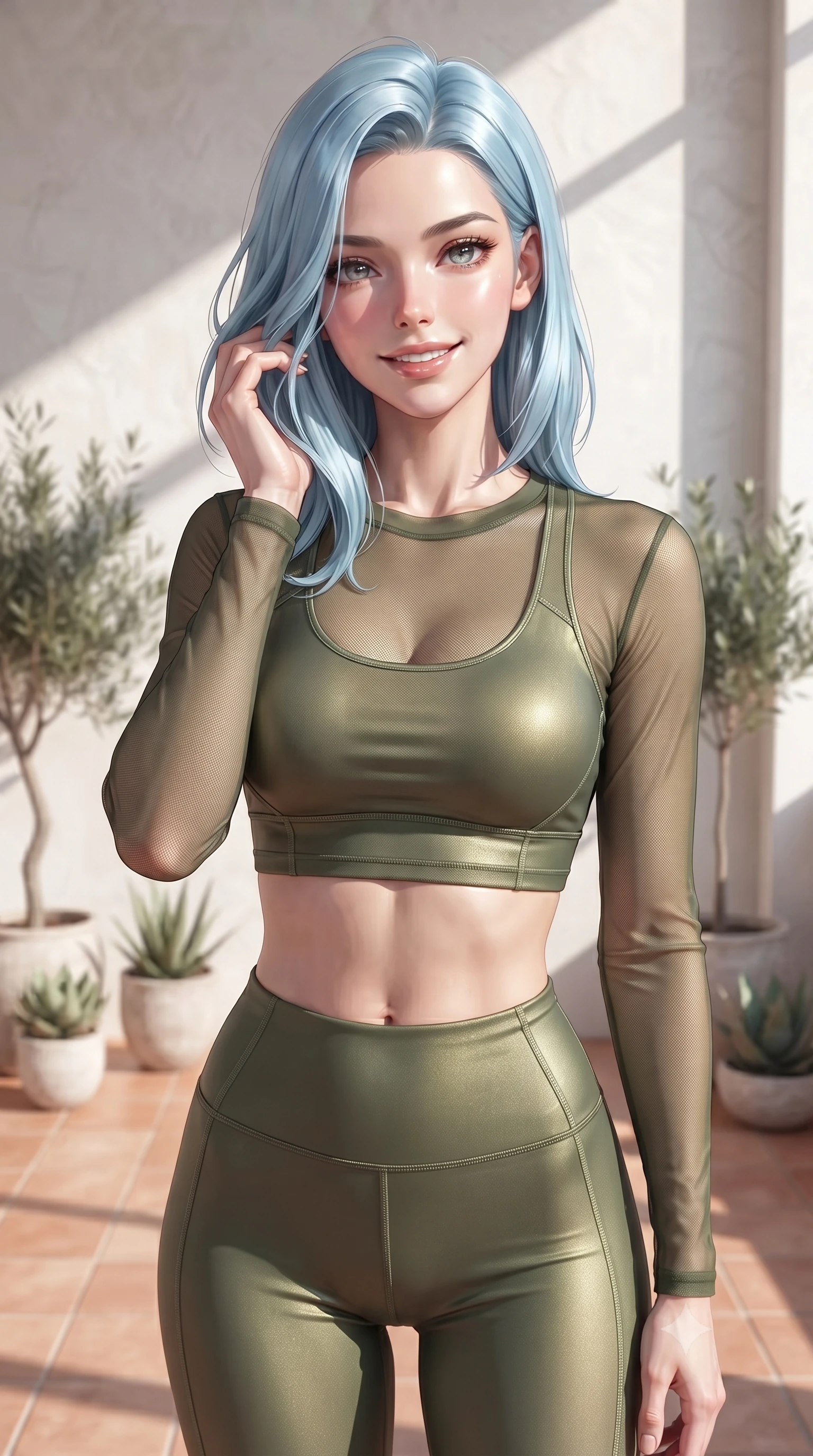 score_9, masterpiece, best quality, ultra-detailed, high-budget anime keyframe, editorial fashion photography, tasteful artistic composition, Korean woman woman. close-up cowboy shot from the waist and thighs up, the character dominates the composition, filling the frame with her large presence, background elements kept in soft focus. smiling with quiet, magnetic self-assurance directly into the camera, running a hand through her hair the background shows a soft-focus a white-walled minimal villa suite with a private terrace and potted plants. She has an exceptionally elegant, slender, and willowy female figure with an ultra-slim waist, a gracefully sculpted slender torso, and a refined silhouette. sharp v-shaped jawline, high-bridge nose, intricate jewel-like eyes with depth, thick eyelashes, glossy lips with a natural sheen. wearing a body-hugging sheer mesh long-sleeve crop top in olive green, worn over a matching sports bra and leggings. bright morning sun rays creating fresh and energetic shadows. ultra-reflective glossy finish, specular highlights, metallic sheen, high-contrast stereoscopic depth, volumetric dynamic lighting, 2k, ultra detail, master piece, 9:16 ratio
