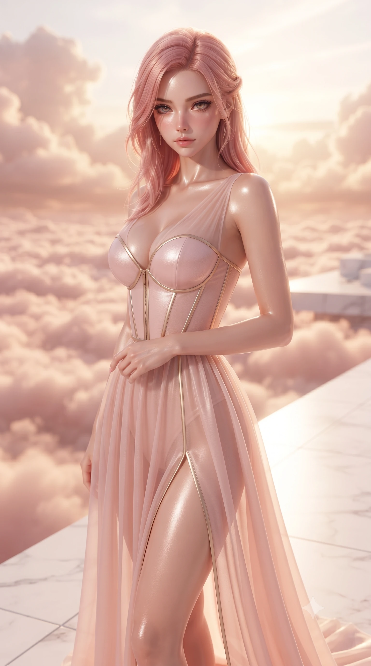 score_9, masterpiece, best quality, ultra-detailed, high-budget anime keyframe, editorial fashion photography, tasteful artistic composition, Japanese woman. close-up cowboy shot from the waist and thighs up, the character dominates the composition, filling the frame with her large presence, background elements kept in soft focus. Casting a slow, direct gaze beneath heavy lashes with quiet intensity, standing on a white marble terrace floating high above a sea of rose-gold cloud waves, white marble terrace creating a crisp architectural ground plane. She has an exceptionally elegant, slender, and willowy female figure with an ultra-slim waist, a gracefully sculpted slender torso, and a refined silhouette. sharp v-shaped jawline, high-bridge nose, intricate jewel-like eyes with depth, thick eyelashes, glossy lips with a natural sheen. wearing low-cut structured bodice gown in liquid pearl with high leg slit in soft blush pink, made of sheer opal chiffon overlay, finished with metallic gold boning and sleek zipper points, highlighting her statuesque proportions and ultra-slim waistline. bathed in warm golden sunrise beams filtering through soft rose clouds. ultra-reflective glossy finish, specular highlights, metallic sheen, high-contrast stereoscopic depth, volumetric dynamic lighting, 2k, ultra detail, master piece, 9:16 ratio