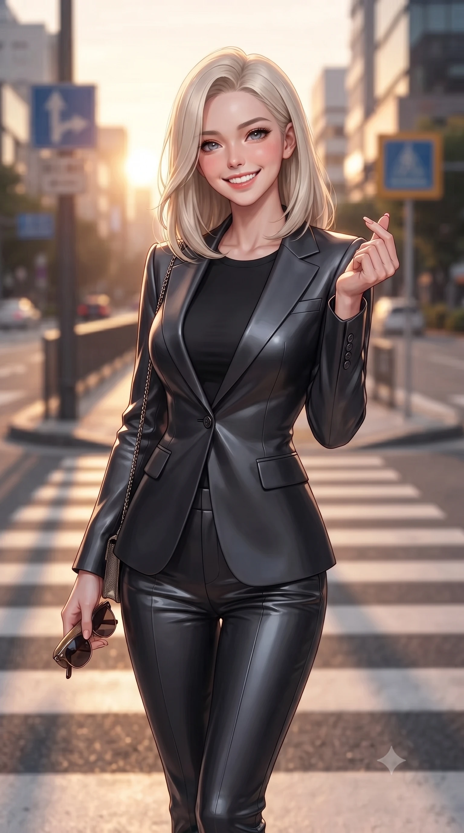 score_9, masterpiece, best quality, ultra-detailed, high-budget anime keyframe, editorial fashion photography, tasteful artistic composition, Caucasian woman. close-up cowboy shot from the waist and thighs up, the character dominates the composition, filling the frame with her large presence, background elements kept in soft focus. flashing a bright, sunny grin, holding her fingers in a cute small heart shape set against a soft-focus background of on a modern city street crossing with sleek crosswalk markings and signs holding a cute designer sunglasses case and a small chain bag. She has an exceptionally elegant, slender, and willowy female figure with an ultra-slim waist, a gracefully sculpted slender torso, and a refined silhouette. sharp v-shaped jawline, high-bridge nose, intricate jewel-like eyes with depth, thick eyelashes, glossy lips with a natural sheen. wearing form-contouring tight-fitting tailored blazer in charcoal, closed over a body-hugging black top and slim trousers. golden hour sunset light casting long shadow lines on the concrete pavement. ultra-reflective glossy finish, specular highlights, metallic sheen, high-contrast stereoscopic depth, volumetric dynamic lighting, 2k, ultra detail, master piece, 9:16 ratio