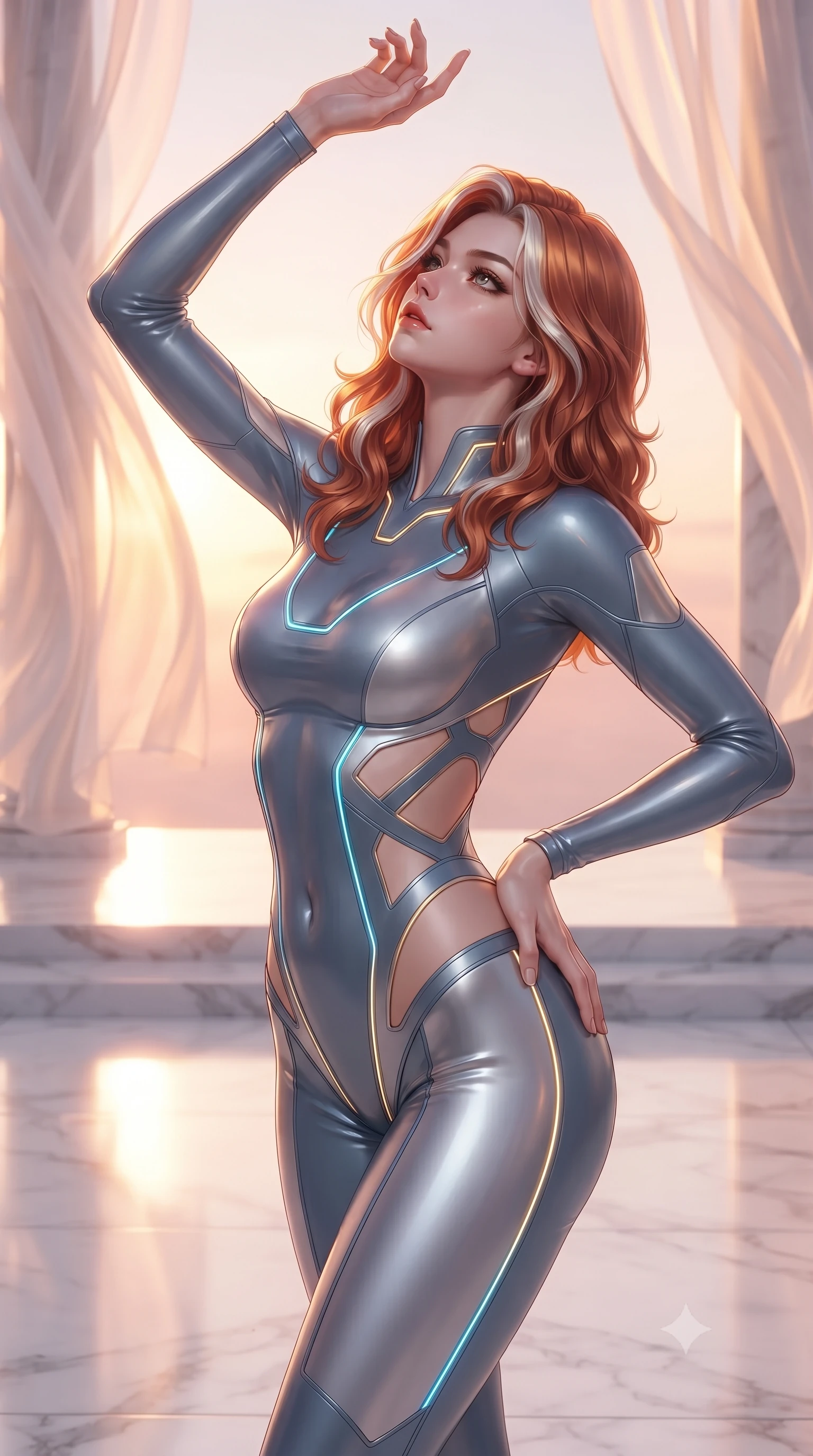 score_9, masterpiece, best quality, ultra-detailed, high-budget anime keyframe, editorial fashion photography, tasteful artistic composition, Caucasian woman. close-up cowboy shot from the waist and thighs up, the character dominates the composition, filling the frame with her large presence, background elements kept in soft focus. Tilting her chin up with an air of effortless superiority while balancing dynamically amidst the scene while reaching one arm toward the open sky as billowing silk gossamer curtains flutter nearby, soft rose-gold and amber sunset light reflecting off polished white marble. She has an exceptionally elegant, slender, and willowy female figure with an ultra-slim waist, a gracefully sculpted slender torso, and a refined silhouette. sharp v-shaped jawline, high-bridge nose, intricate jewel-like eyes with depth, thick eyelashes, glossy lips with a natural sheen, flawlessly proportioned anatomical accuracy, natural body alignment, perfectly sculpted elegant limbs, clean dynamic posture without body distortion. wearing a skin-tight cybernetic bodysuit with glowing neon seams and side cutouts in slate blue and metallic silver, formed from sleek second-skin neoprene, featuring subtle geometric cutouts that highlight her ultra-slim midriff, the form-contouring material highlighting her ultra-slim waist and long lines. illuminated by soft glowing sunset radiance with dramatic golden rim highlights. ultra-reflective glossy finish, specular highlights, metallic sheen, high-contrast stereoscopic depth, volumetric dynamic lighting, 2k, ultra detail, master piece, 9:16 ratio