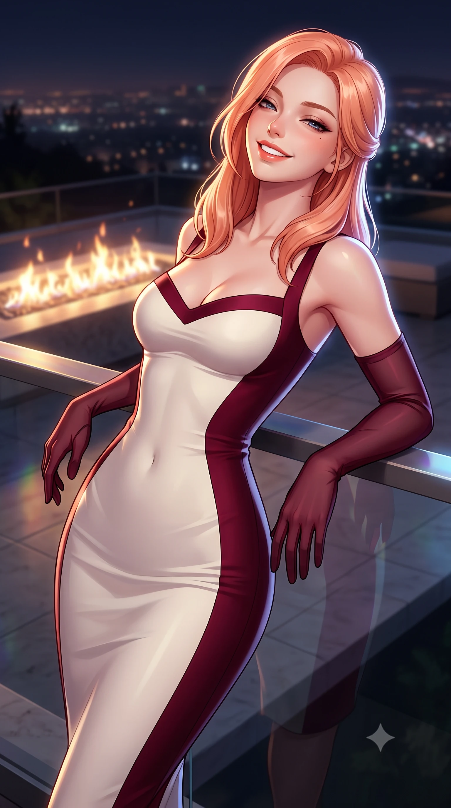 score_9, masterpiece, best quality, ultra-detailed, high-budget anime keyframe, semi-realistic 3D game render, editorial fashion photography, tasteful artistic composition, Japanese woman. close-up cowboy shot from the waist and thighs up, the character dominates the composition, filling the frame with her large presence. leaning back against the balustrade with relaxed seductive grace, head tilted back slightly while casting a hypnotic, heavy-lidded gaze while twisting her slender torso in an alluring S-curve on the polished limestone deck, city glow casting prismatic highlights across her flat midriff. The background shows a soft-focus linear deck fire pit flames softened in billionaire hillside mansion shallow focus. She has an exceptionally elegant, slender, and willowy female figure with an ultra-slim waist, flat toned midriff, narrow ribcage, and sculpted feminine hips creating an alluring, slim hourglass silhouette without bulk. sharp v-shaped jawline, high-bridge nose, intricate jewel-like sparkling eyes with depth, thick eyelashes, glossy parted lips with a natural peach sheen, bright cheerful beaming smile with an enchanting and coquettish sensual glint, exuding both youthful cute charm and seductive allure, flawlessly proportioned anatomical accuracy, strict slender model proportions, natural body alignment, perfectly sculpted long slender limbs, ultra-slim waistline, clean dynamic posture without body distortion. wearing a body-contouring dense bandage knit pencil dress with sweetheart neckline in Belvedere ivory pearl and Habsburg bordeaux wine, made of fluid liquid jersey with seamless sculpting hold and smooth contours, complemented by sheer opera-length evening gloves tracing her slender arms, the glove-like clinging cut tightly following the natural contour of her hips and long slender legs with youthful 8.5-heads elegance. illuminated by city glow upward fill and sharp platinum rim lights sculpting her features, flat midriff, and curvaceous hips. highly saturated vibrant anime colors, detailed shading with soft gradients, rich glossy textures, high-contrast stereoscopic depth, volumetric dynamic lighting, master piece, 9:16 ratio