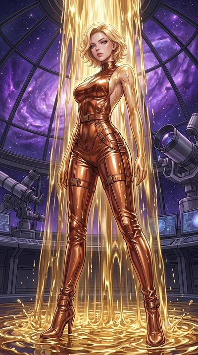 score_9, masterpiece, best quality, ultra-detailed, High-budget Anime Keyframe, Caucasian woman, strictly human ears. Low angle cowboy shot filling the entire 9:16 frame with her statuesque presence. Scenario 493: standing under a waterfall of liquid
