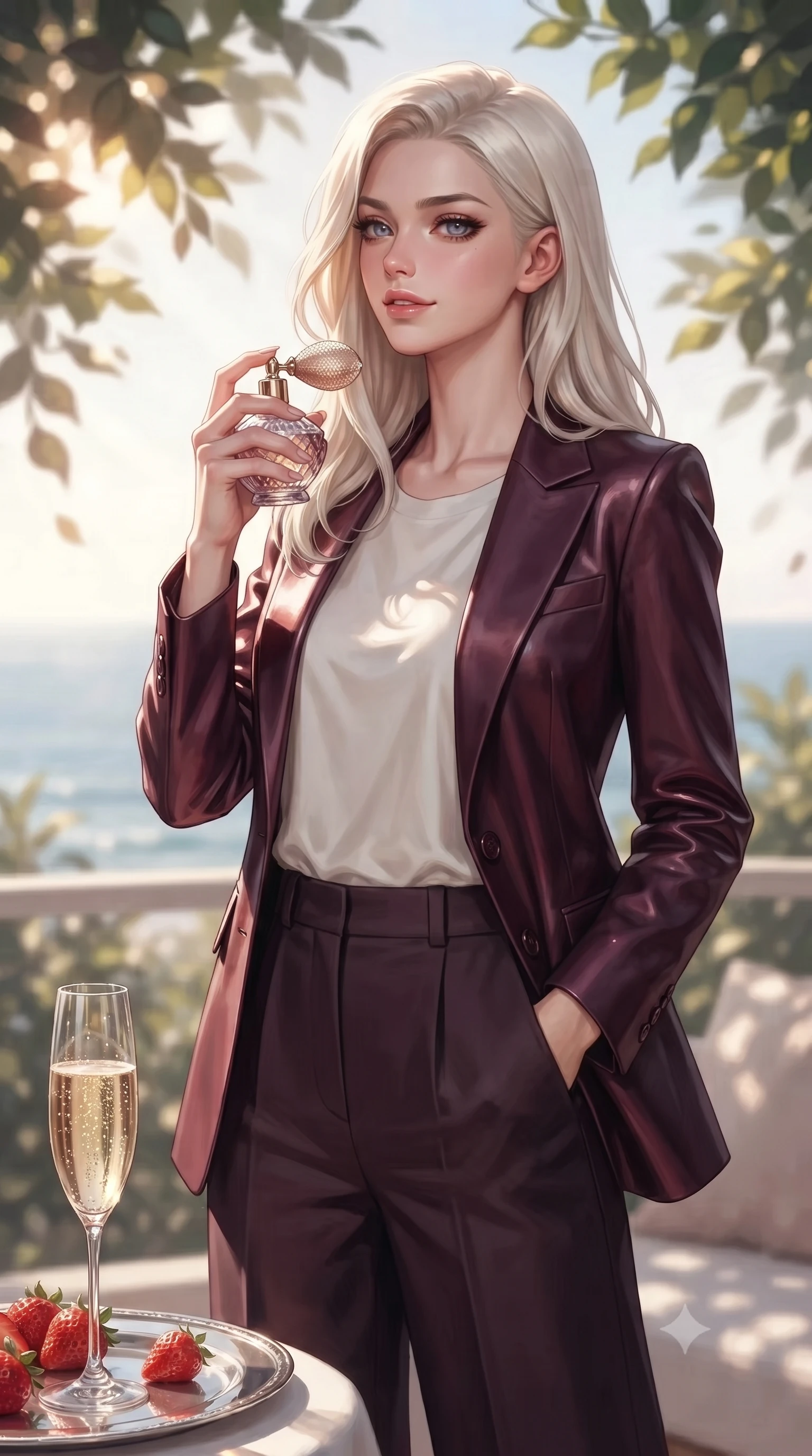 score_9, masterpiece, best quality, ultra-detailed, high-budget anime keyframe, editorial fashion photography, tasteful artistic composition, Caucasian woman. close-up cowboy shot from the waist and thighs up, the character dominates the composition, filling the frame with her large presence, background elements kept in soft focus. holding a vintage perfume bottle to her neck, smiling with quiet magnetic self-assurance set against a soft-focus background of inside an exclusive oceanfront balcony with a crystal glass of sparkling champagne and fresh strawberries on a silver tray. She has an exceptionally elegant, slender, and willowy female figure with an ultra-slim waist, a gracefully sculpted slender torso, and a refined silhouette. sharp v-shaped jawline, high-bridge nose, intricate jewel-like eyes with depth, thick eyelashes, glossy lips with a natural sheen. wearing form-contouring deep burgundy glossy leather tailored casual blazer paired with a loose tee and wide-leg trousers featuring refined tailored seams. highlighted by dappled sunlight filtering through leafy branches, creating soft organic patterns. ultra-reflective glossy finish, specular highlights, metallic sheen, high-contrast stereoscopic depth, volumetric dynamic lighting, 2k, ultra detail, master piece, 9:16 ratio