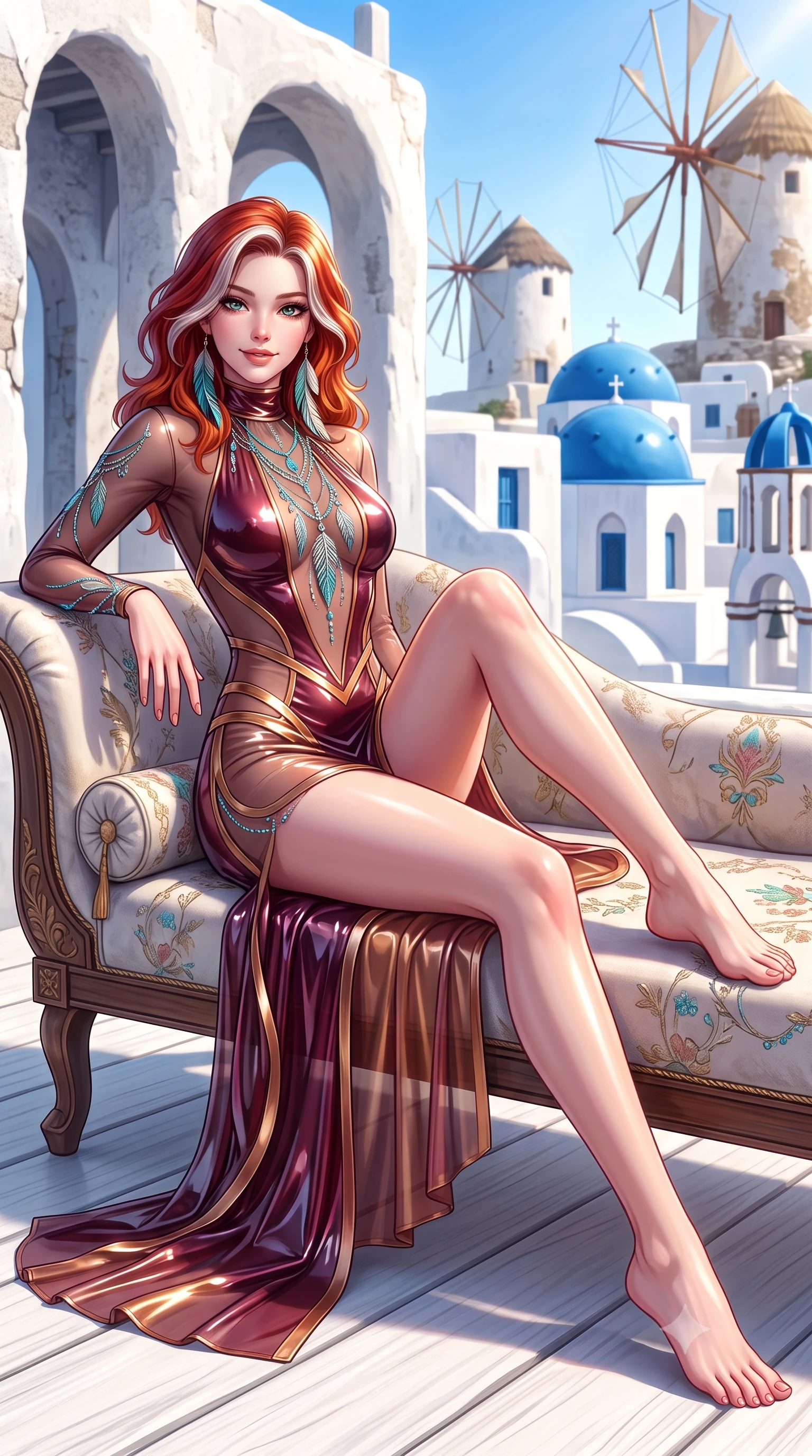score_9, masterpiece, best quality, ultra-detailed, high-budget anime keyframe, semi-realistic 3D game render, editorial fashion photography, tasteful artistic composition, Caucasian woman. low angle full-body shot from head to toe showing her feet, filling the entire 9:16 vertical frame with her statuesque presence, stretching her vertical silhouette. reclining gracefully across the plush chaise lounge with one leg extended, her sculpted silhouette and flat midriff radiating magnetic nocturnal glamour while standing tall on the whitewashed boardwalk beside the historic windmills, arching her spine with effortless Aegean supermodel grace. The background shows a soft-focus cycladic stone arches softened in idyllic Greek island shallow focus. She has an absolutely perfect, statuesque 8.5-heads proportion, an exceptionally tall and slender model-like female figure with impossibly long slender legs, an ultra-slim waist, a flat toned midriff, narrow delicate ribcage, and beautifully sculpted feminine hips creating a graceful, slim hourglass silhouette without any bulky heaviness. sharp v-shaped jawline, high-bridge nose, sparkling eyes with hypnotic seductive depth, thick curled eyelashes, glossy parted lips with a natural dewy peach sheen, alluring bedroom-eyes with an enchanting coquettish smile, exuding magnetic siren charisma and sophisticated glamour, flawlessly proportioned anatomical accuracy, strict slender model proportions, natural body alignment, perfectly sculpted long slender limbs, ultra-slim waistline, clean dynamic posture without body distortion. wearing a provocative high-neck sheer illusion beach coverup with liquid satin ribbons contouring her curves in smoky bordeaux wine and gilded copper, crafted from wet-look high-gloss vinyl fabric with dazzling specular surface reflections, accented with turquoise and silver bohemian feather earrings swaying near her bare neck, the liquid-tight tailored fabric clinging flawlessly to her narrow waist and rounded feminine hips, emphasizing every millimeter of her sculpted slim hourglass curves without any bulky heaviness. bathed in brilliant Grecian afternoon sunlight bouncing off whitewashed stone surfaces. highly saturated vibrant anime colors, detailed shading with soft gradients, rich glossy textures, high-contrast stereoscopic depth, volumetric dynamic lighting, master piece, 9:16 ratio