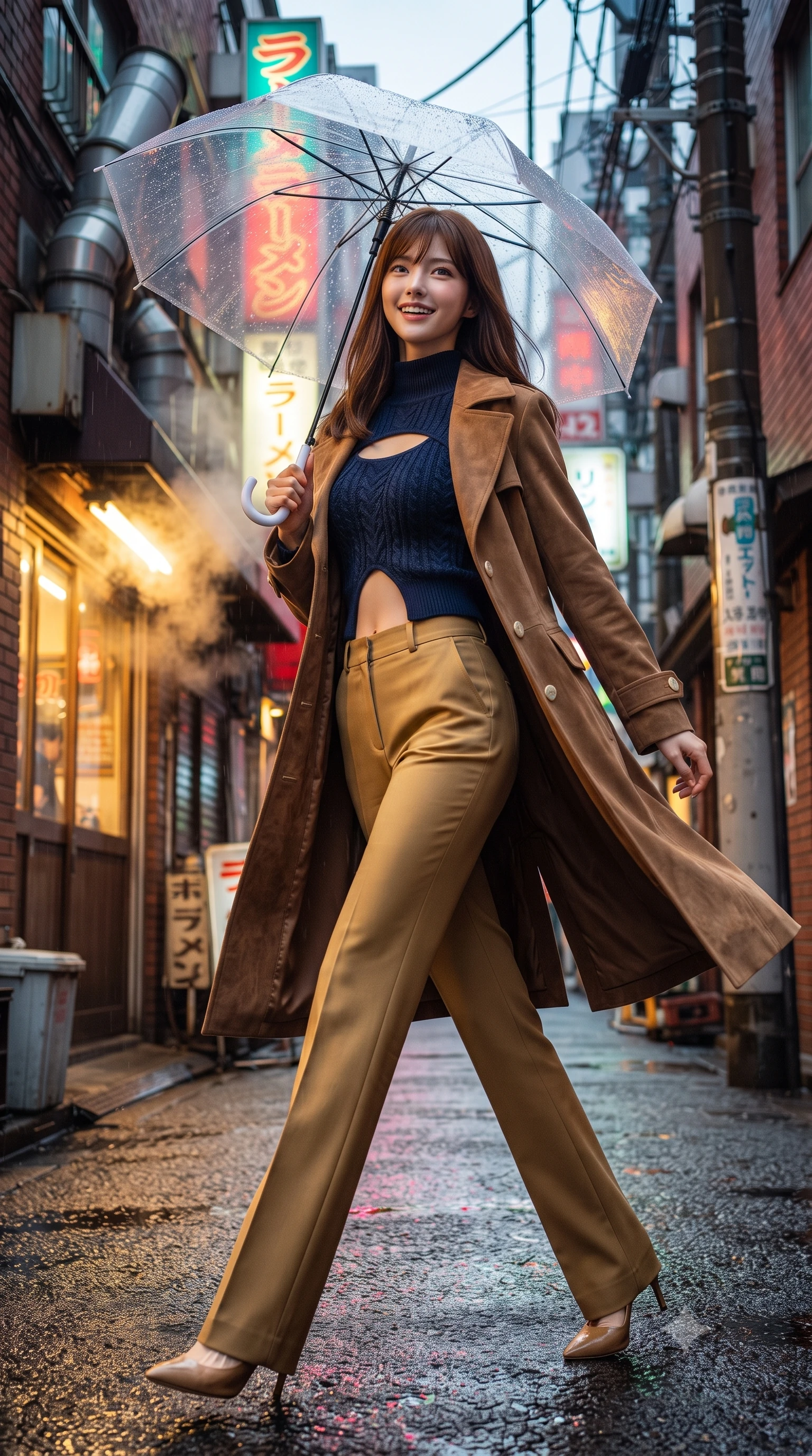 score_9, masterpiece, best quality, ultra-detailed, high-budget anime keyframe, editorial fashion photography, tasteful artistic composition, Korean woman. low angle full-body shot from head to toe showing her feet, filling the entire 9:16 vertical frame with her statuesque presence, stretching her vertical silhouette. pivoting dynamically with supreme athletic balance and poise, her impossibly long slender legs creating a breathtaking line while strolling along a rain-drenched 1990s Tokyo neon back-alley, holding a transparent umbrella that catches vivid reflections. The composition keeps background elements in soft focus with creamy bokeh. steaming ramen shop vents and classic brick storefronts softened in romantic 35mm shallow focus. She has an absolutely perfect, statuesque 8.5-heads proportion, an exceptionally tall and slender model-like female figure with impossibly long slender legs, a toned flat midriff, and an ultra-slim waist. sharp v-shaped jawline, high-bridge nose, intricate jewel-like eyes with depth, thick eyelashes, glossy lips with a natural sheen, captivating and magnetic expression, flawlessly proportioned anatomical accuracy, strict slender model proportions, natural body alignment, perfectly sculpted long slender limbs, ultra-slim waistline, clean dynamic posture without body distortion. wearing a stylish retro suede trench coat over a fitted mock-neck knit top and high-waist tailored slacks in deep navy blue and vintage brass gold, knitted from soft cozy lambswool yarn with cable-knit textures, finished with polished mother-of-pearl buttons and tailored flap pockets, the precision-cut daring openings accentuating her delicate midriff, graceful bare collarbones, and ultra-slim feminine waistline. illuminated by warm golden diner window key light sculpting her cheekbones and joyful expression. ultra-reflective glossy finish, specular highlights, rich textural contrasts, high-contrast stereoscopic depth, volumetric dynamic lighting, 2k, ultra detail, master piece, 9:16 ratio